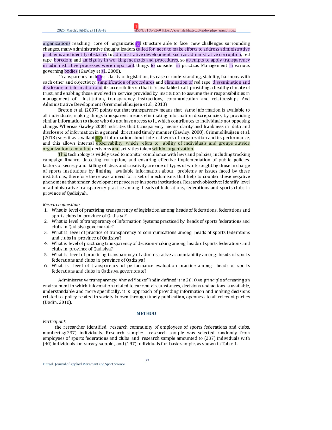 JURIS Measuring level of administrative transparency of sports federations heads and clubs in Qadisiyah governorate From point of view of its employees