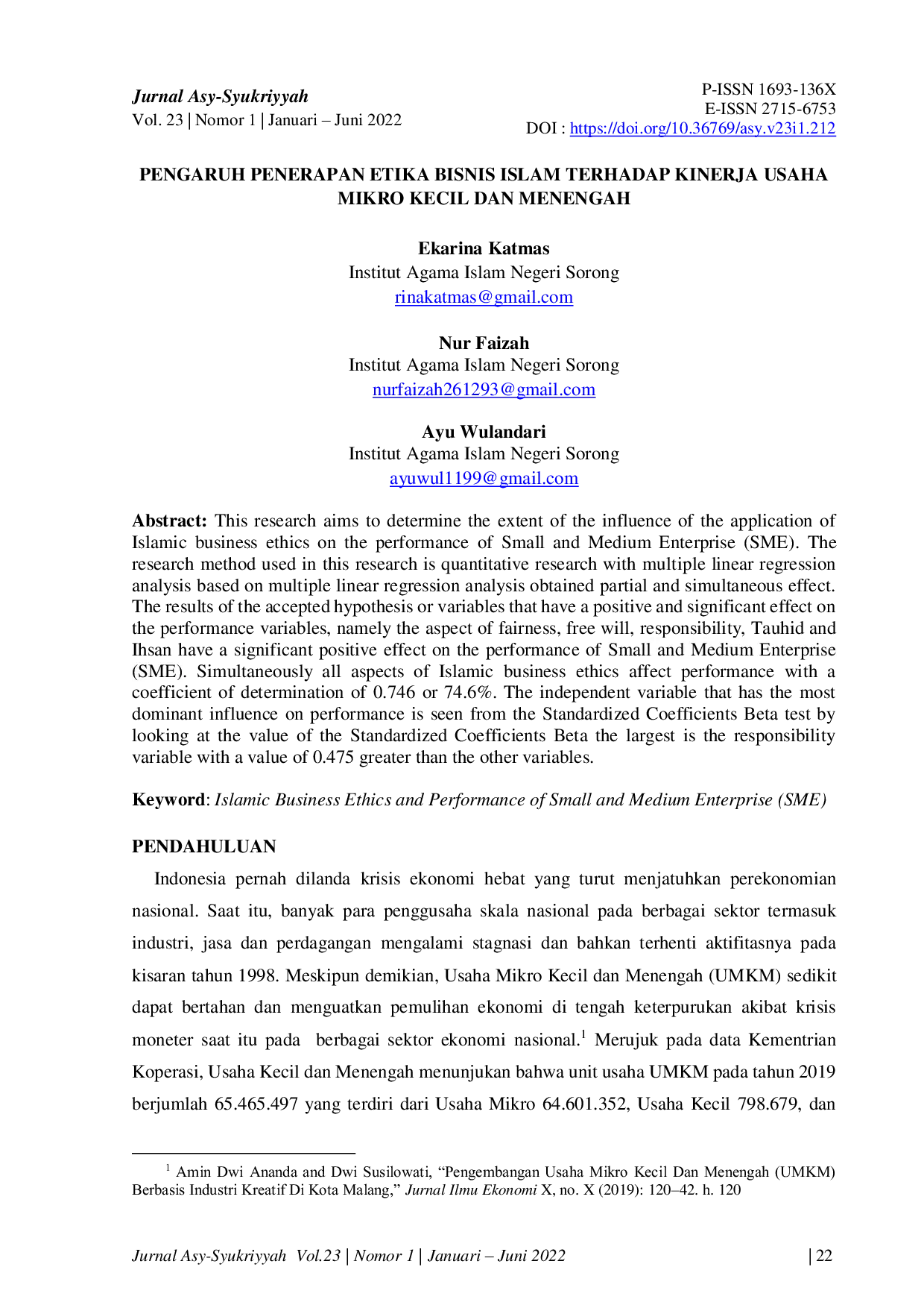 JURIS Pengaruh Penerapan Etika Bisnis Islam Terhadap Kinerja Usaha Mikro Kecil Dan Menengah
