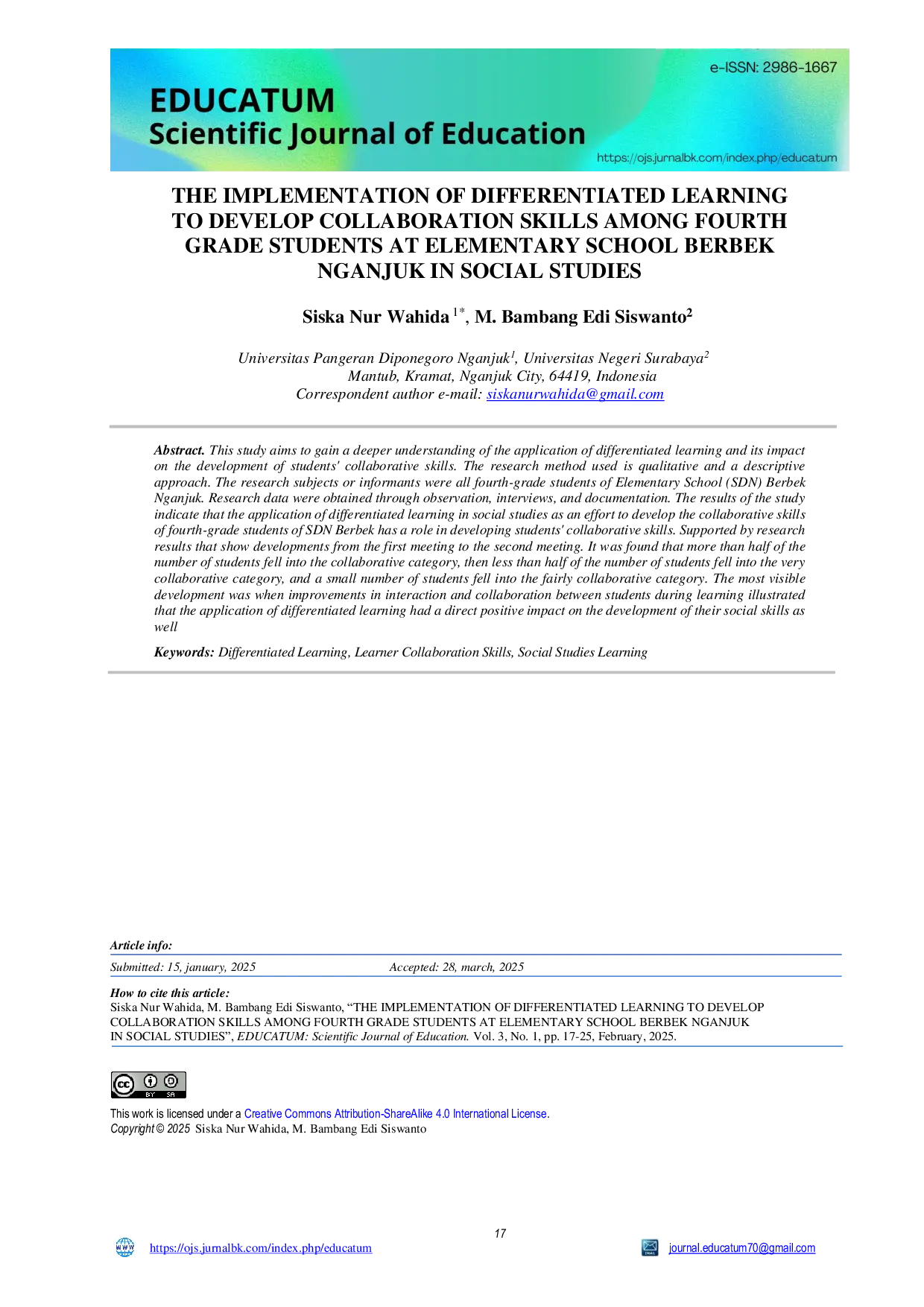 JURIS The Implementation Of Differentiated Learning To Develop Collaboration Skills Among Fourth Grade Students At Elementary School Berbek Nganjuk In Social Studies