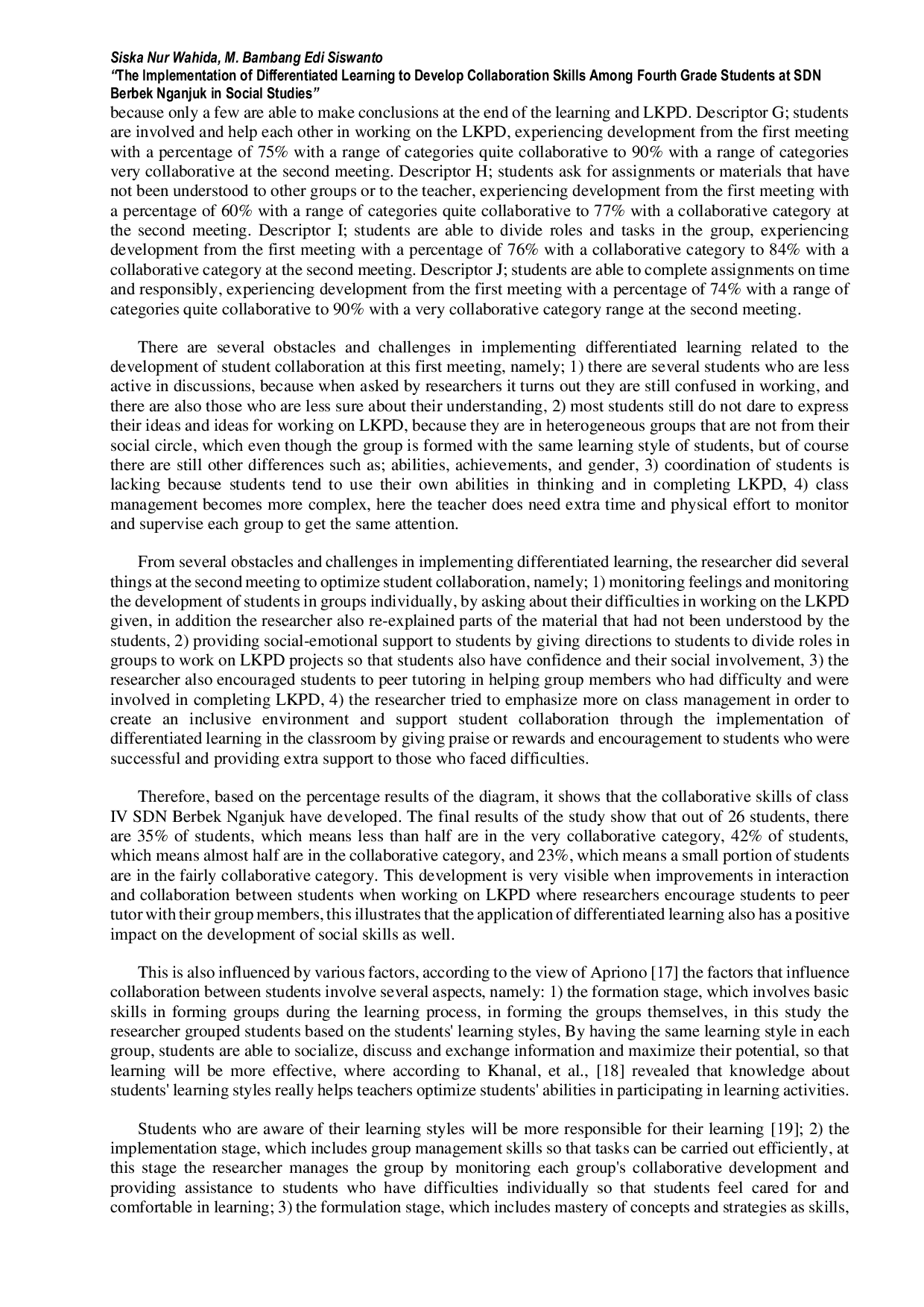 JURIS The Implementation Of Differentiated Learning To Develop Collaboration Skills Among Fourth Grade Students At Elementary School Berbek Nganjuk In Social Studies