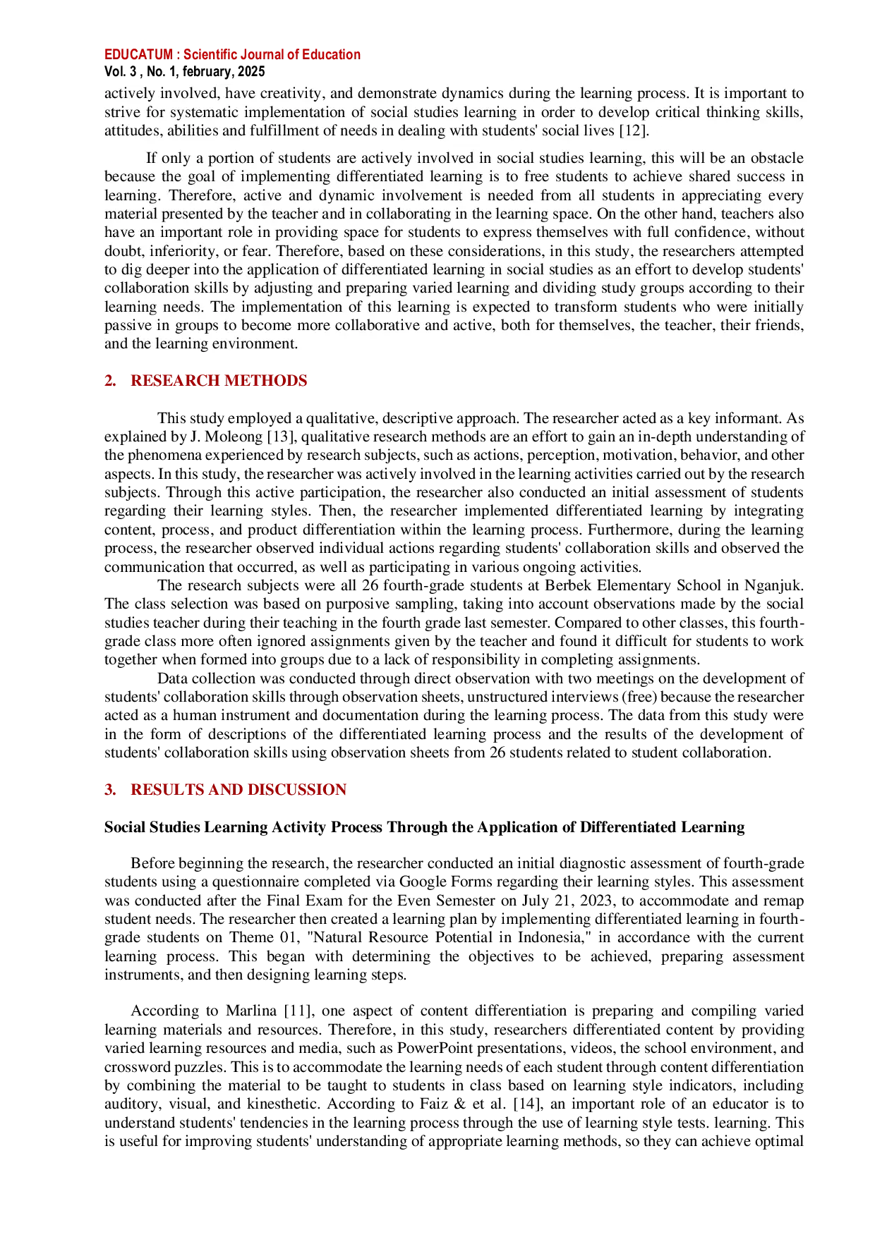 JURIS The Implementation Of Differentiated Learning To Develop Collaboration Skills Among Fourth Grade Students At Elementary School Berbek Nganjuk In Social Studies