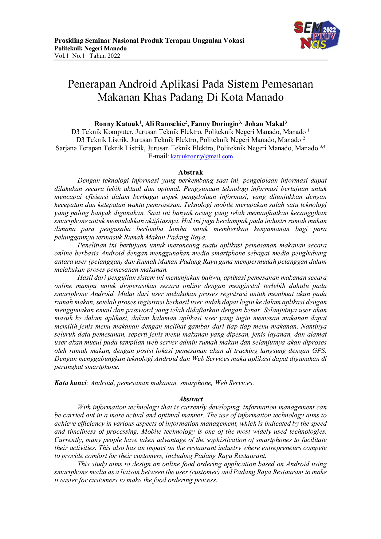 JURIS Penerapan Android Aplikasi Pada Sistem Pemesanan Makanan Khas Padang Di Kota Manado
