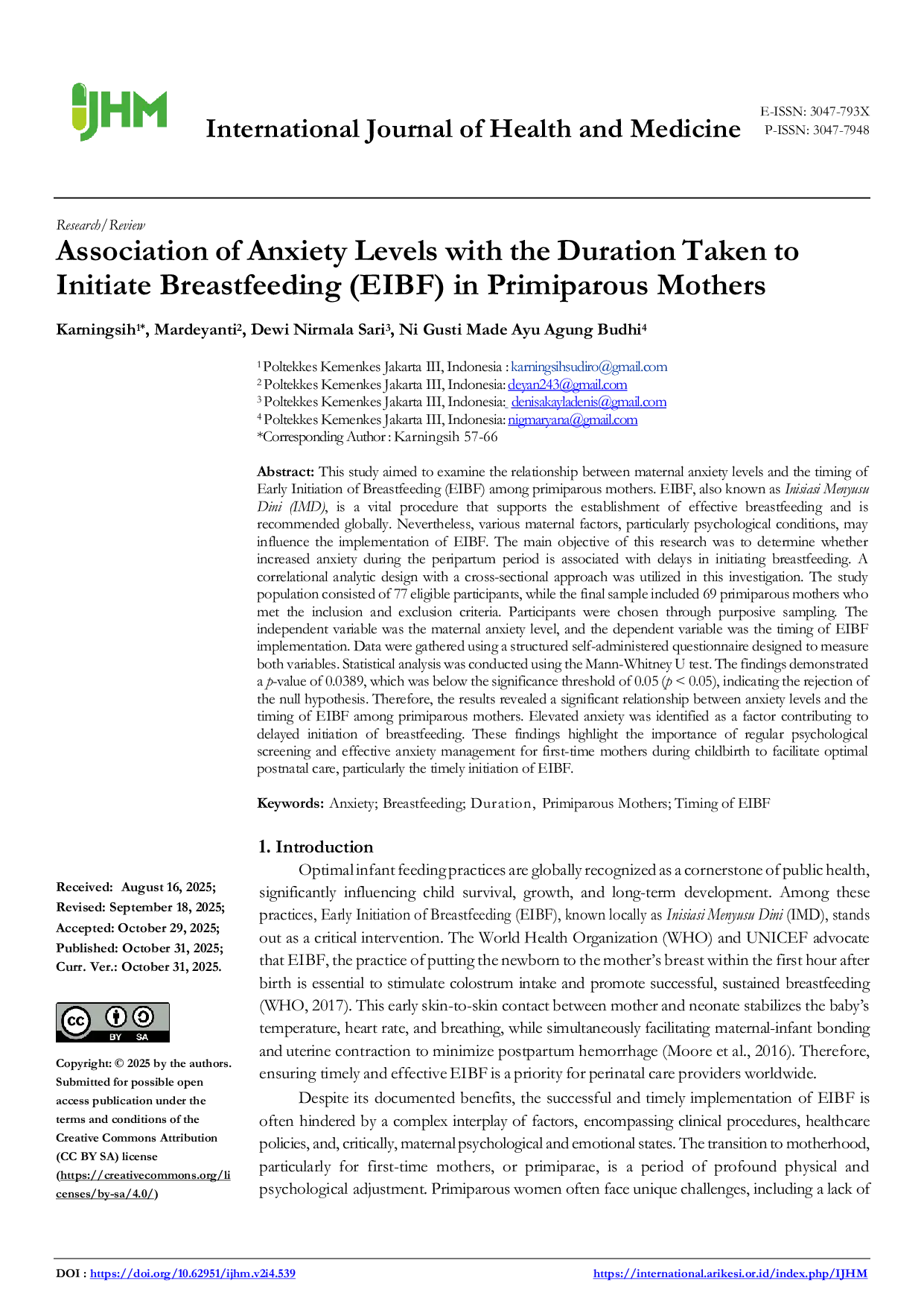 JURIS Association of Anxiety Levels with the Duration Taken to Initiate Breastfeeding EIBF in Primiparous Mothers