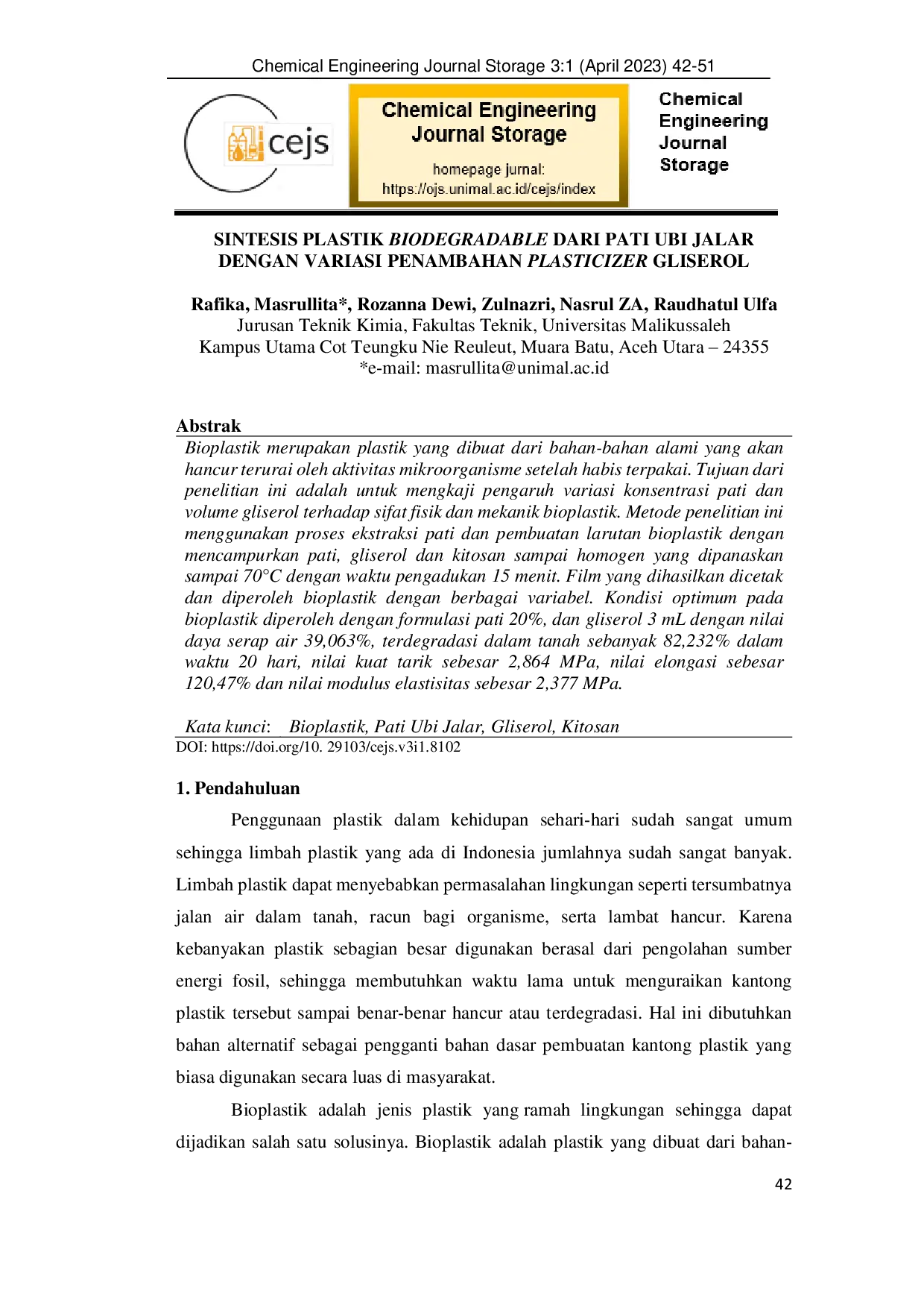 JURIS Sintesis Plastik Biodegradable Dari Pati Ubi Jalar Dengan Variasi Penambahan Plasticizer Gliserol