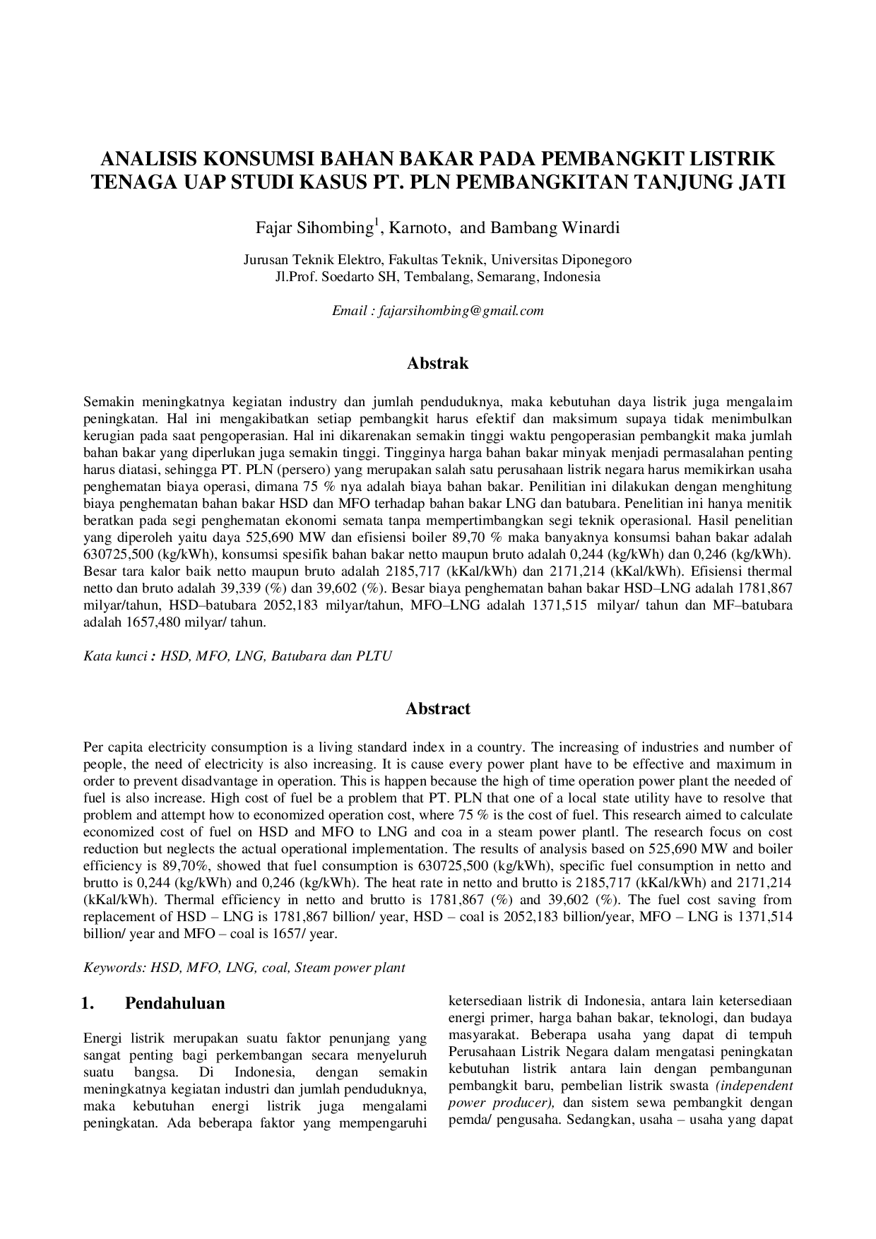 JURIS Analisis Konsumsi Bahan Bakar Pada Pembangkit Listrik Tenaga Uap Studi Kasus Pt Pln Pembangkitan Tanjung Jati