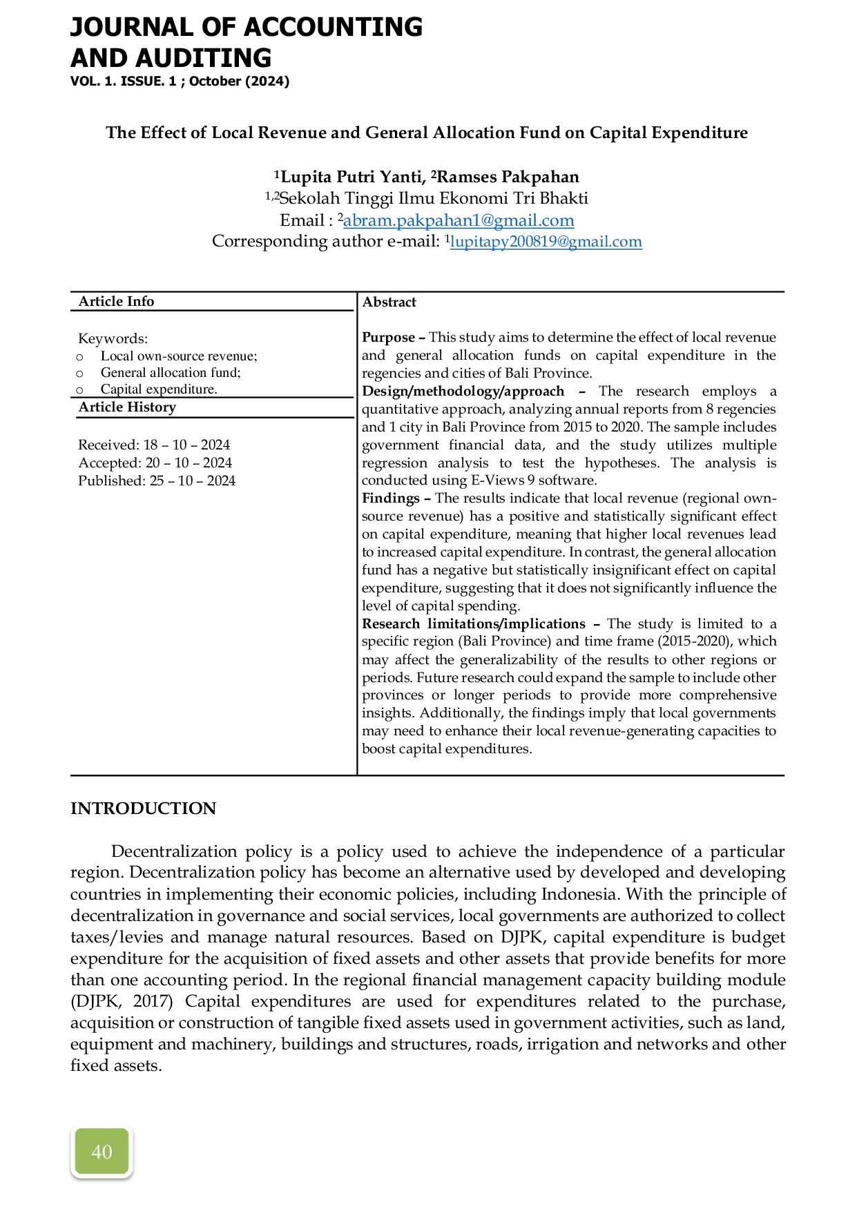 JURIS The Effect of Local Revenue and General Allocation Fund on Capital Expenditure