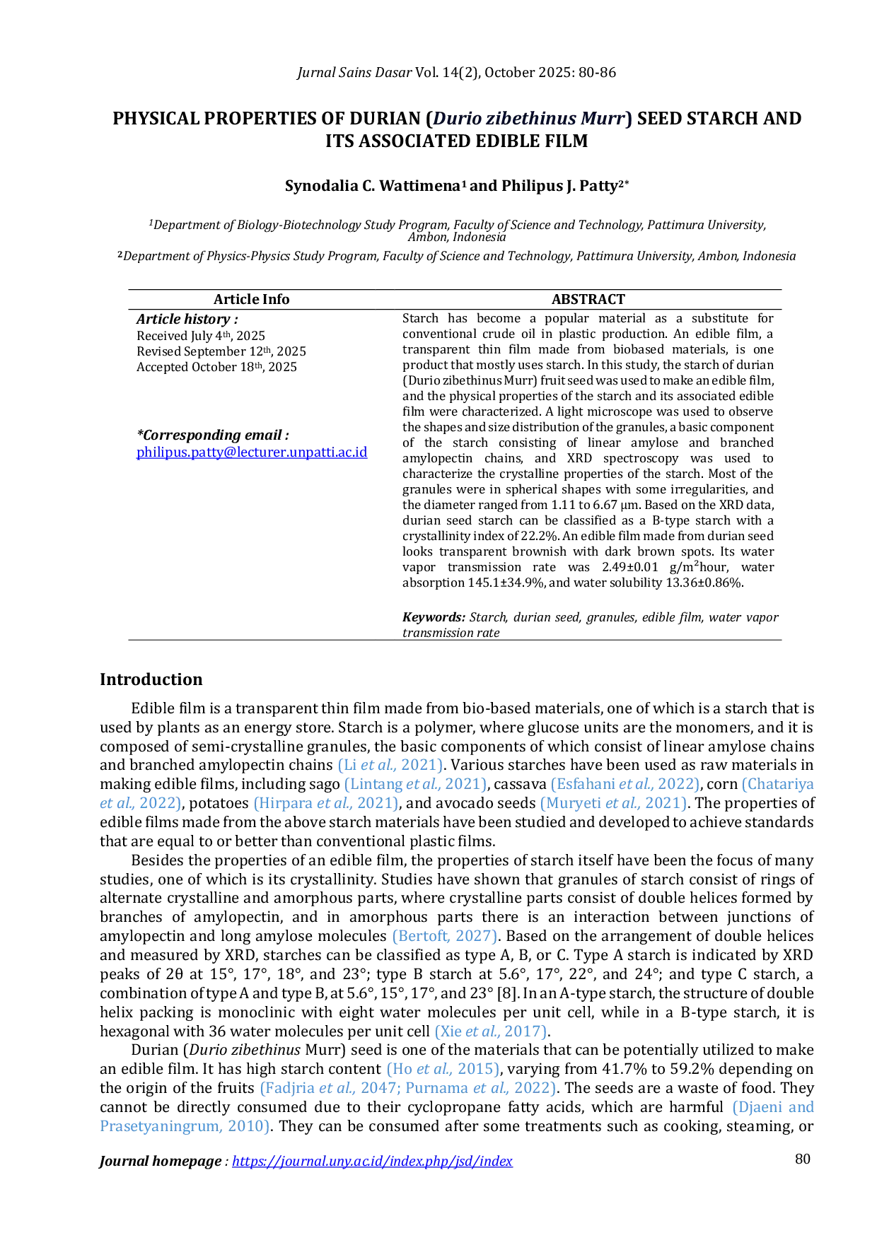 JURIS Physical Properties of Durian Durio Zibethinus Murr Seed Starch and Its Associated Edible Film