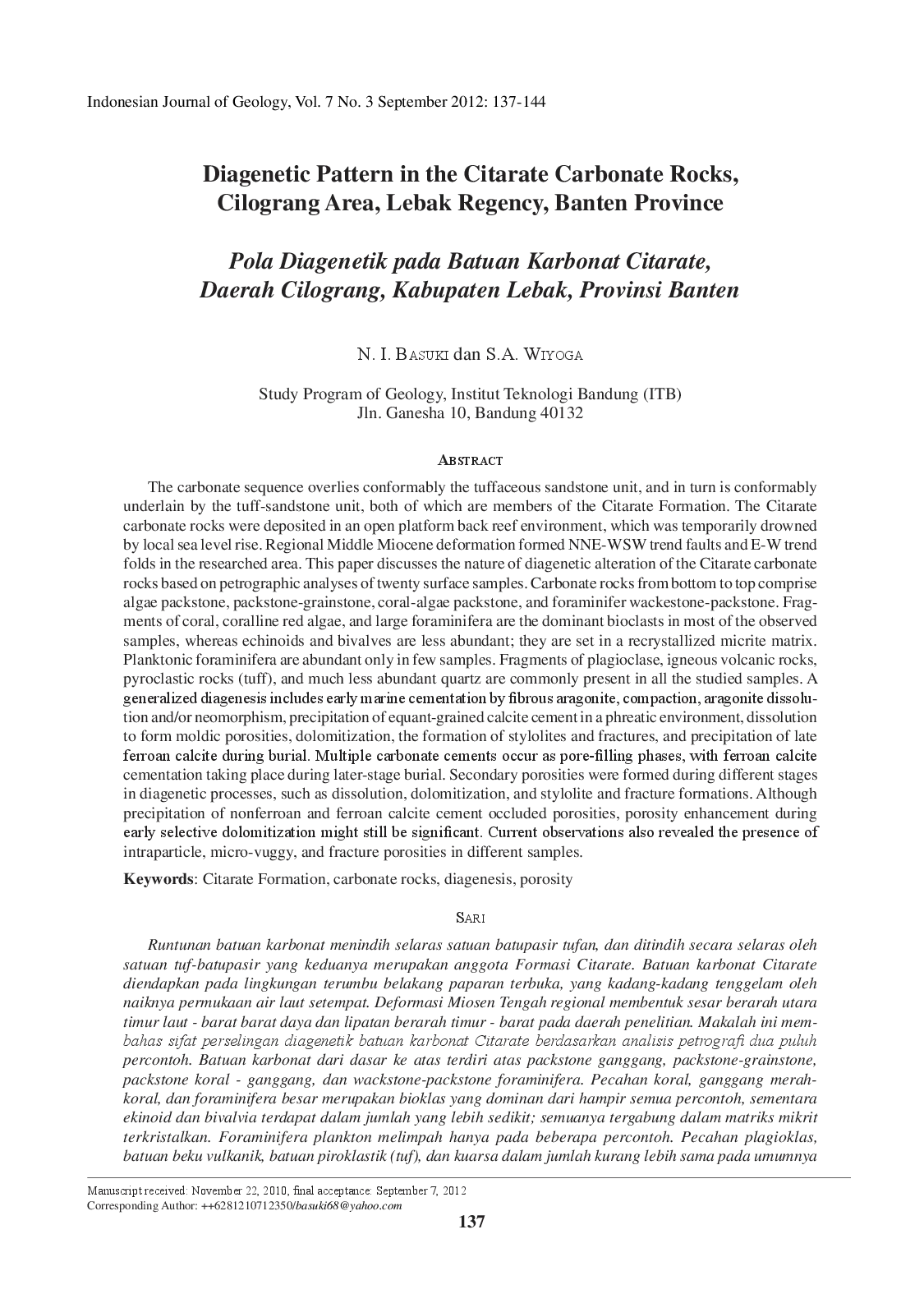 juris Diagenetic Pattern in the Citarate Carbonate Rocks Cilograng Area Lebak Regency Banten Province