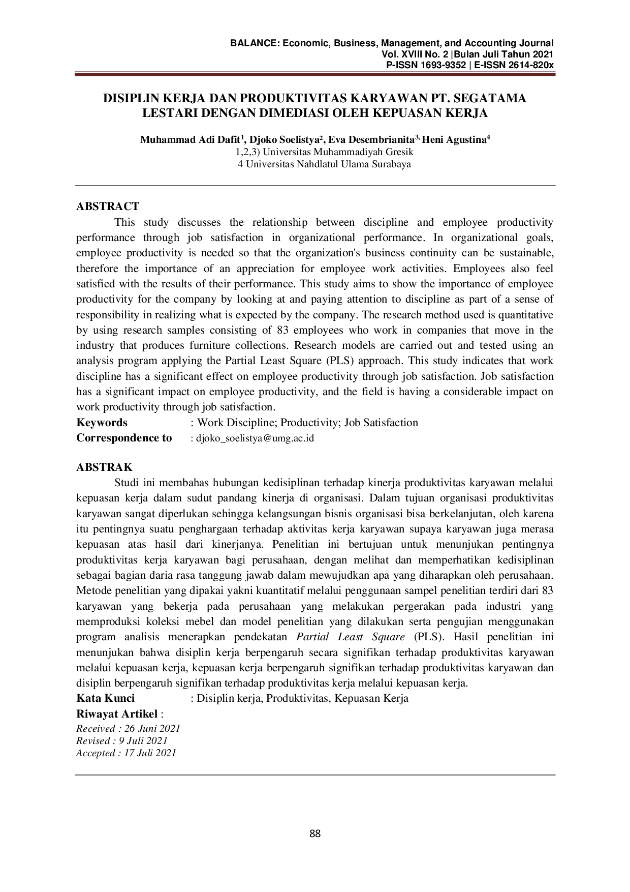 JURIS Disiplin Kerja dan Produktivitas Karyawan PT Segatama Lestari dengan Dimediasi oleh Kepuasan Kerja