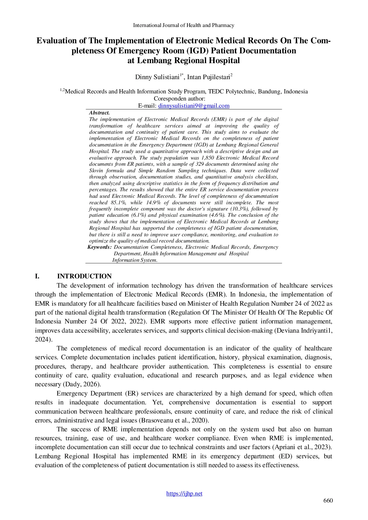 JURIS Evaluation of The Implementation of Electronic Medical Records On The Completeness Of Emergency Room IGD Patient Documentation at Lembang Regional Hospital
