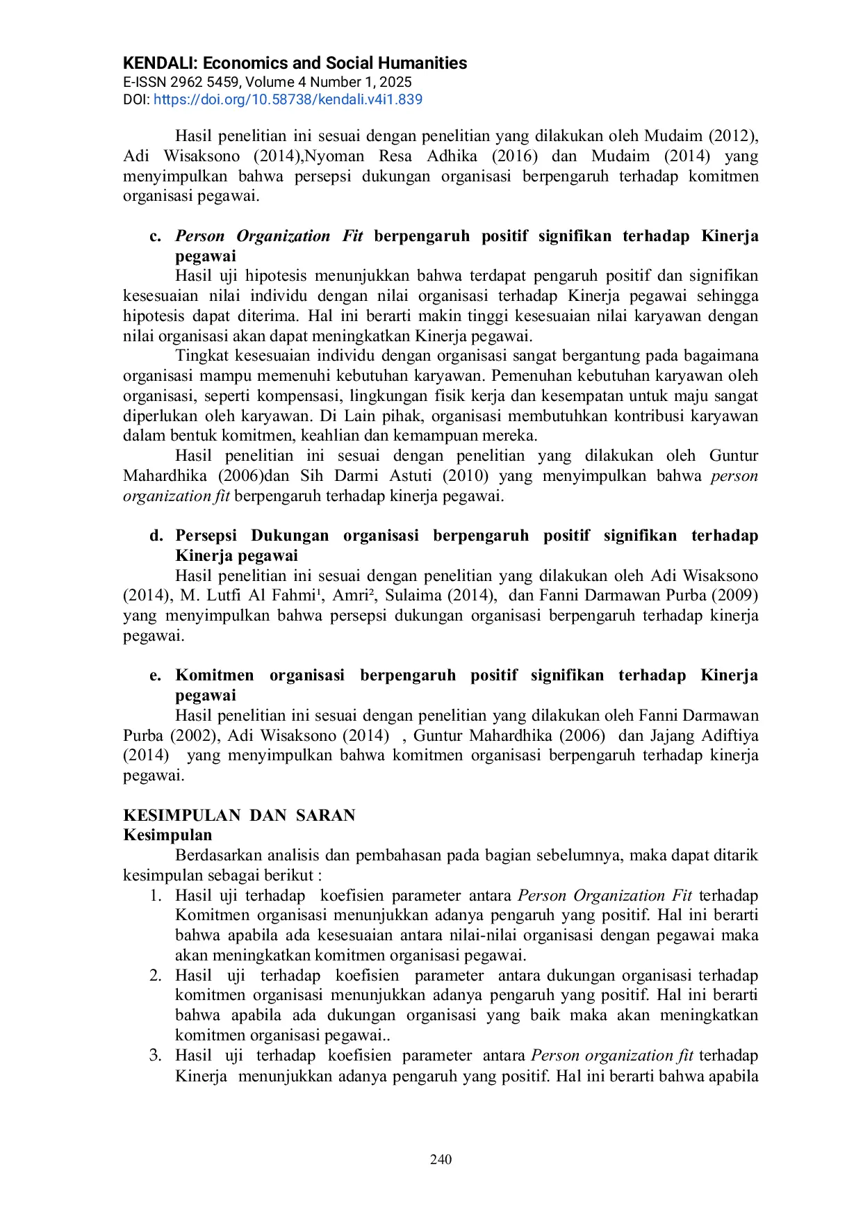 JURIS Pengaruh Kesesuaian Personal Organisasi KOR Dan Persepsi Dukungan Organisasi Terhadap Komitmen Dan Dampaknya Terhadap Kinerja Aparatur Sipil Negara ASN
