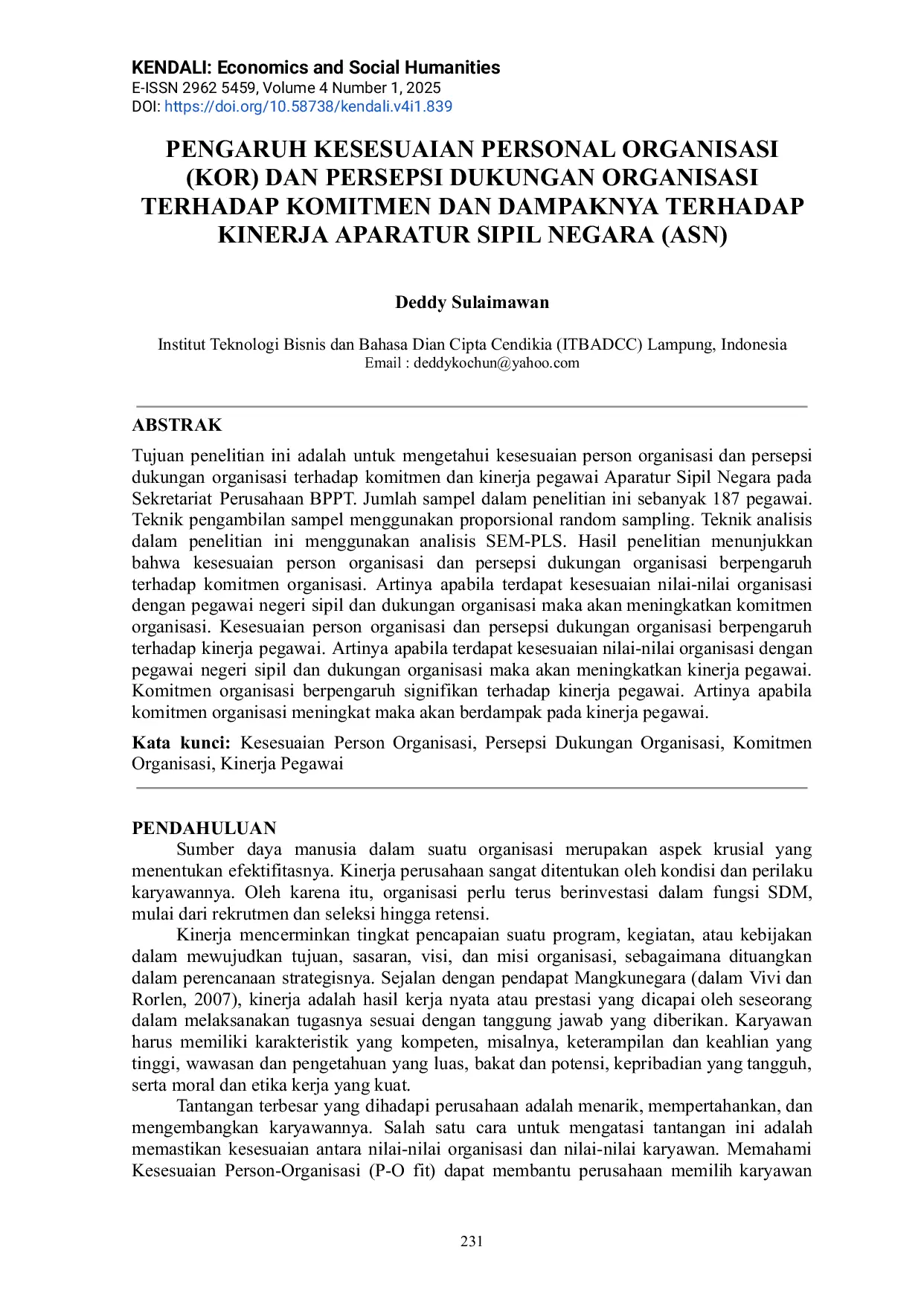 JURIS Pengaruh Kesesuaian Personal Organisasi KOR Dan Persepsi Dukungan Organisasi Terhadap Komitmen Dan Dampaknya Terhadap Kinerja Aparatur Sipil Negara ASN