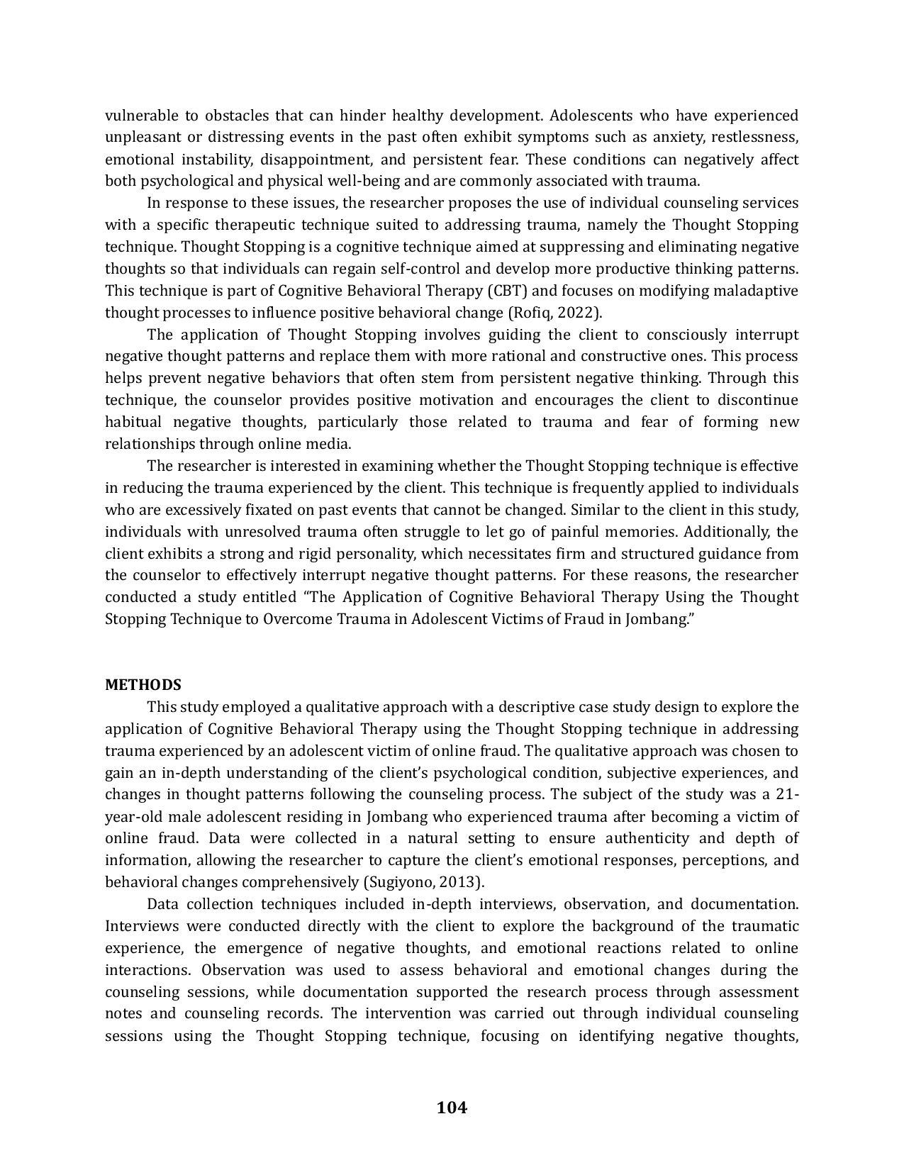 JURIS Application of CBT Theory Using the Thought Stopping Technique to Overcome Trauma in Adolescents Who Are Victims of Fraud in Jombang