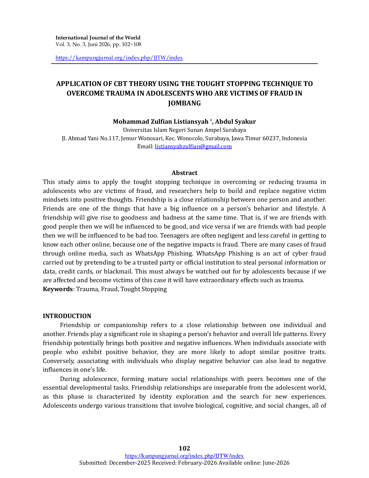 JURIS Application of CBT Theory Using the Thought Stopping Technique to Overcome Trauma in Adolescents Who Are Victims of Fraud in Jombang