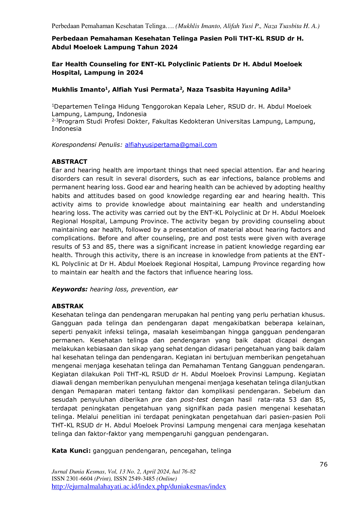 JURIS Efektifitas Edukasi Kesehatan Telinga di Poli Klinik THT KL RSUD dr H Abdul Moeloek Provinsi Lampung