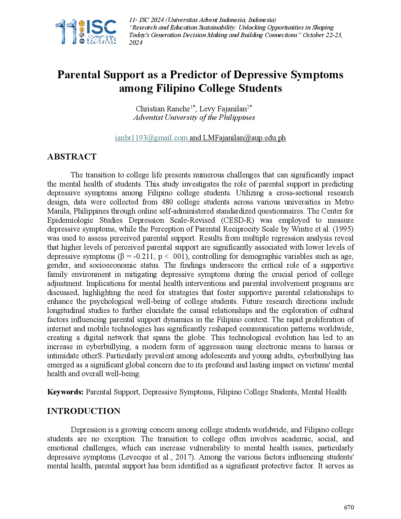 juris Parental Support as a Predictor of Depressive Symptoms among Filipino College Students