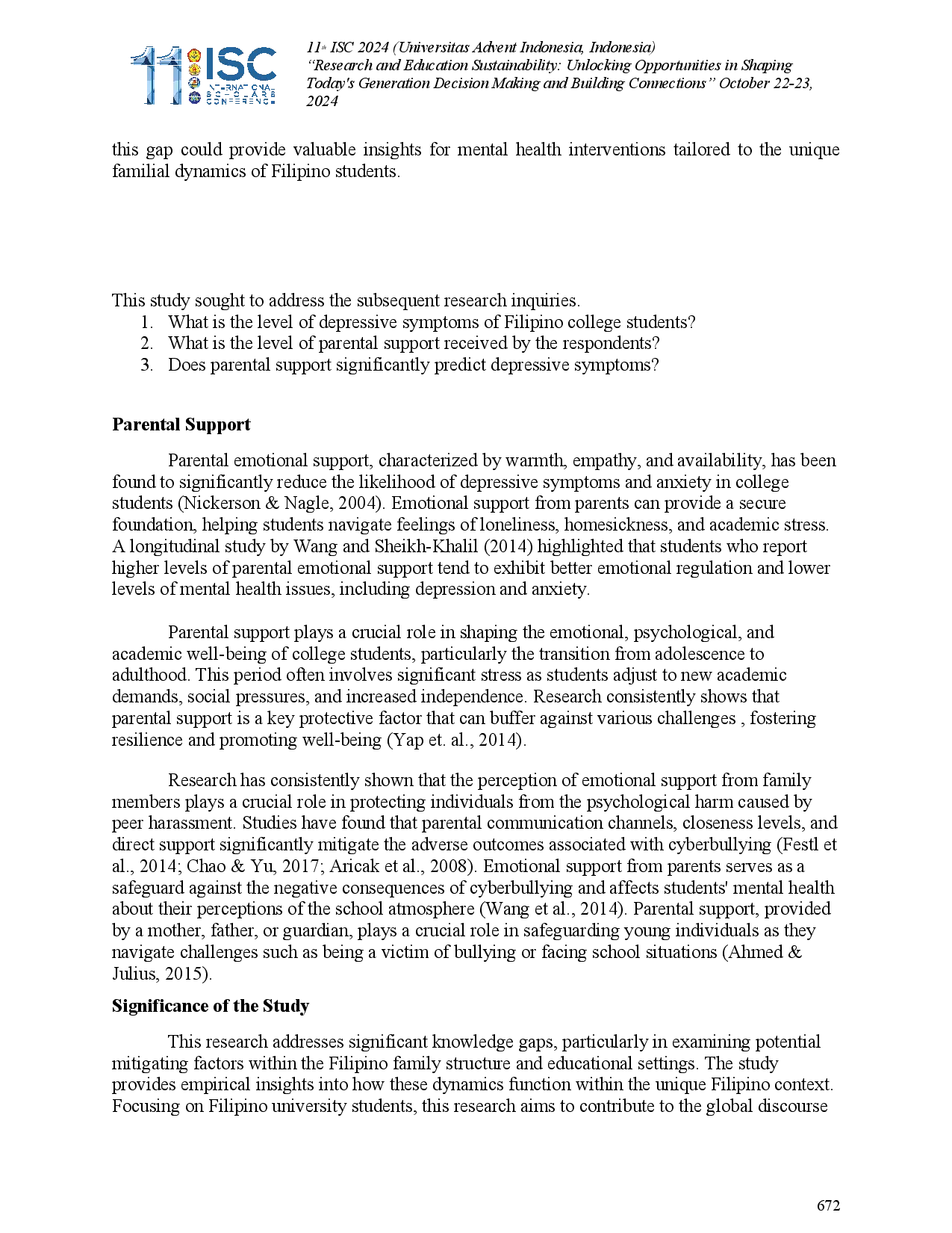 juris Parental Support as a Predictor of Depressive Symptoms among Filipino College Students