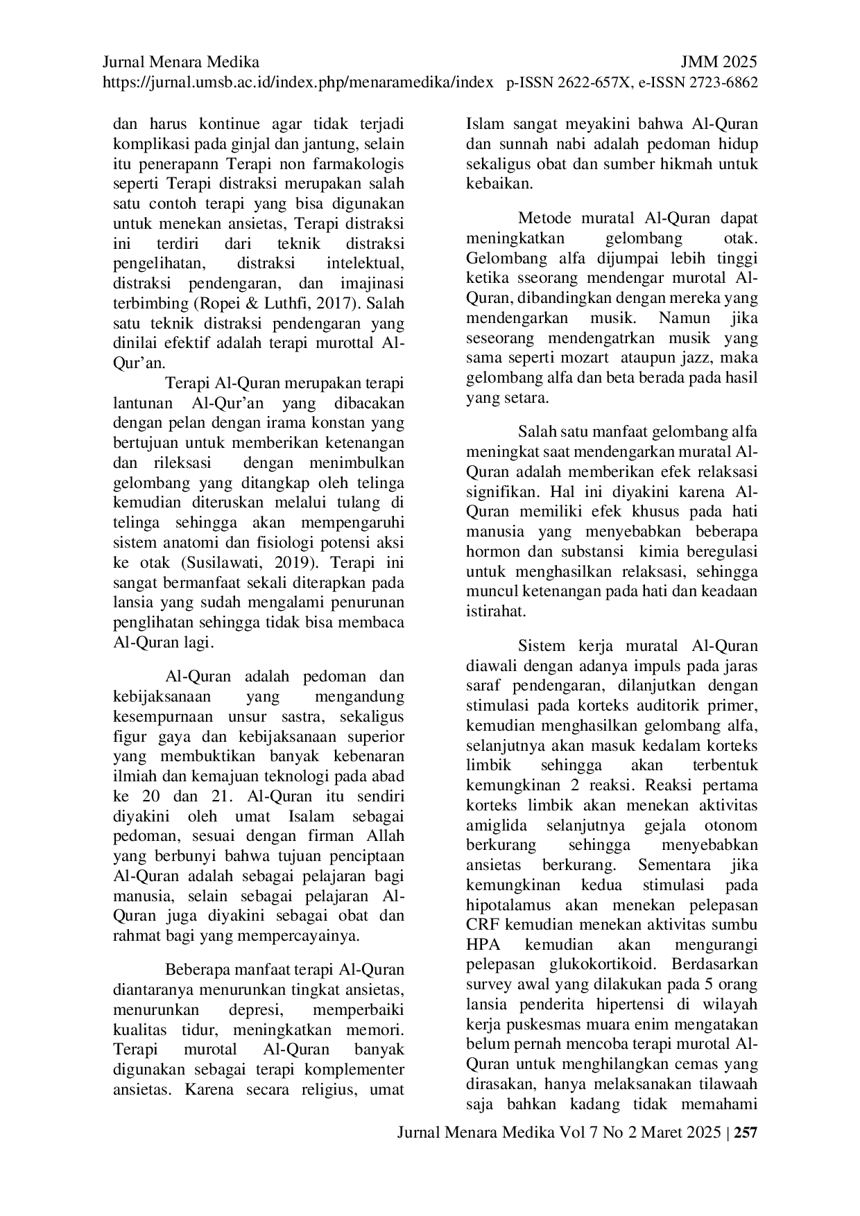 JURIS Penerapan Terapi Murotal Al Quran Terhadap Ansietas Pada Lansia Yang Mengalami Hipertensi Di Wilayah Kerja Puskesmas Rabain Muara Enim