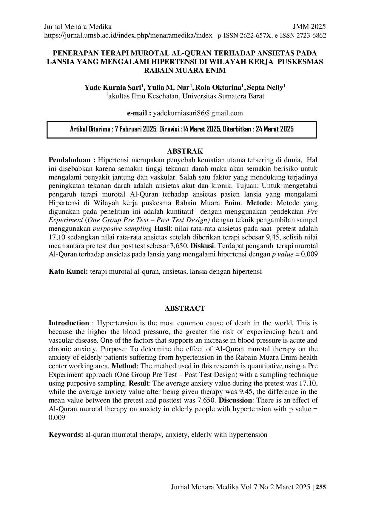 JURIS Penerapan Terapi Murotal Al Quran Terhadap Ansietas Pada Lansia Yang Mengalami Hipertensi Di Wilayah Kerja Puskesmas Rabain Muara Enim