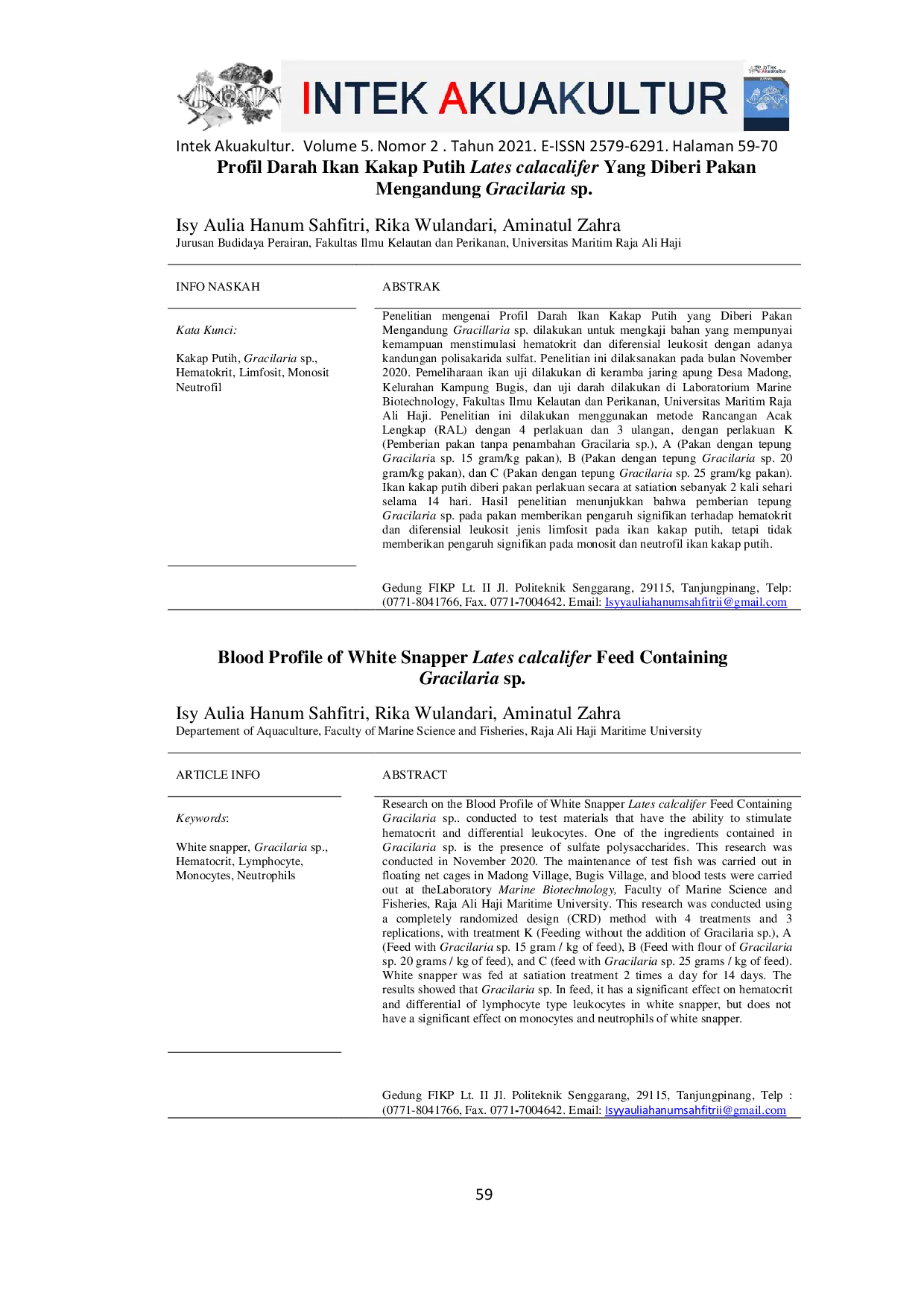 JURIS Blood Profile of White Snapper Fish Lates calcalifer Feed Containing Gracilaria sp