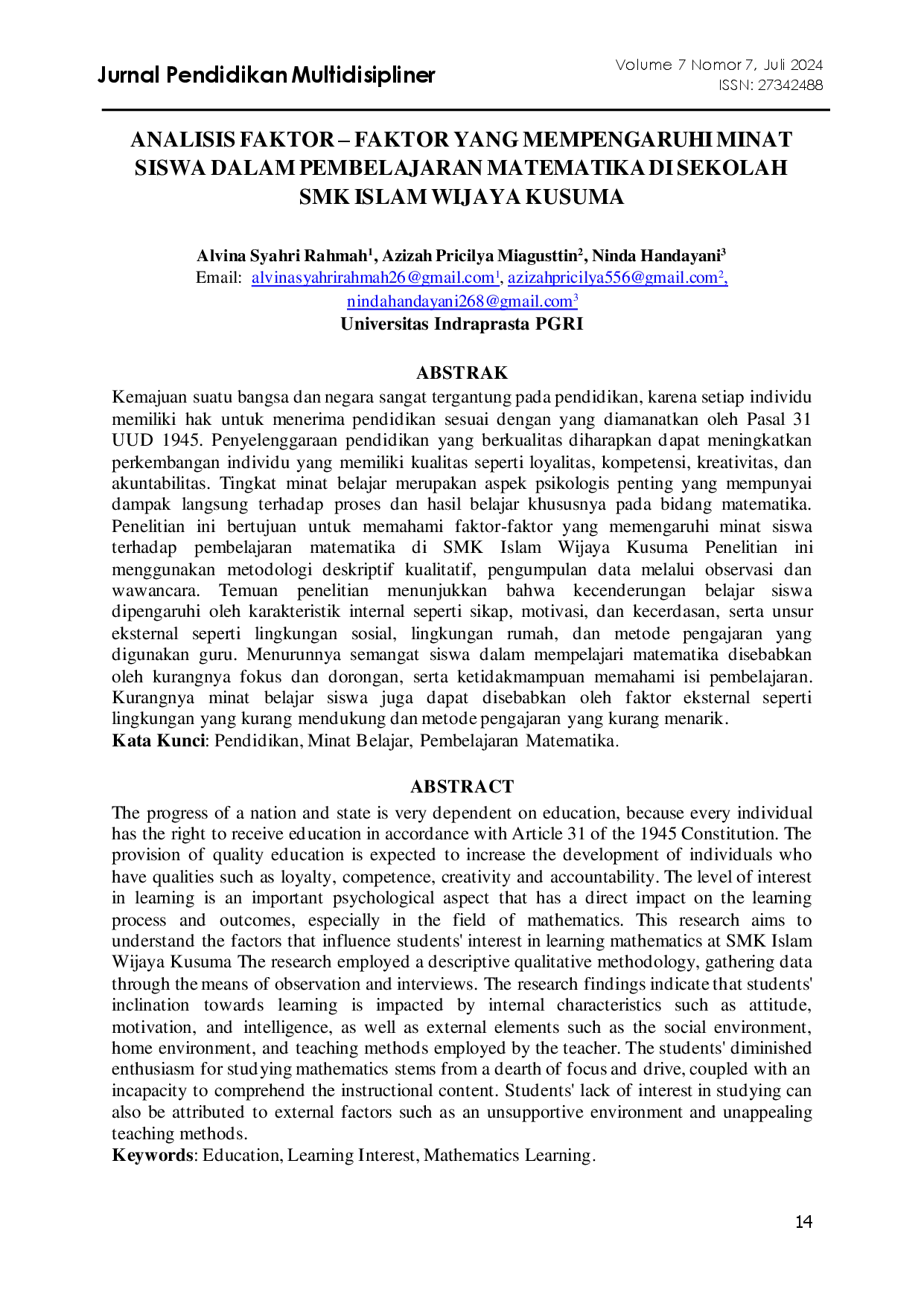 juris Analisis Faktor Faktor Yang Mempengaruhi Minat Siswa Dalam Pembelajaran Matematika Di Sekolah Smk Islam Wijaya Kusuma