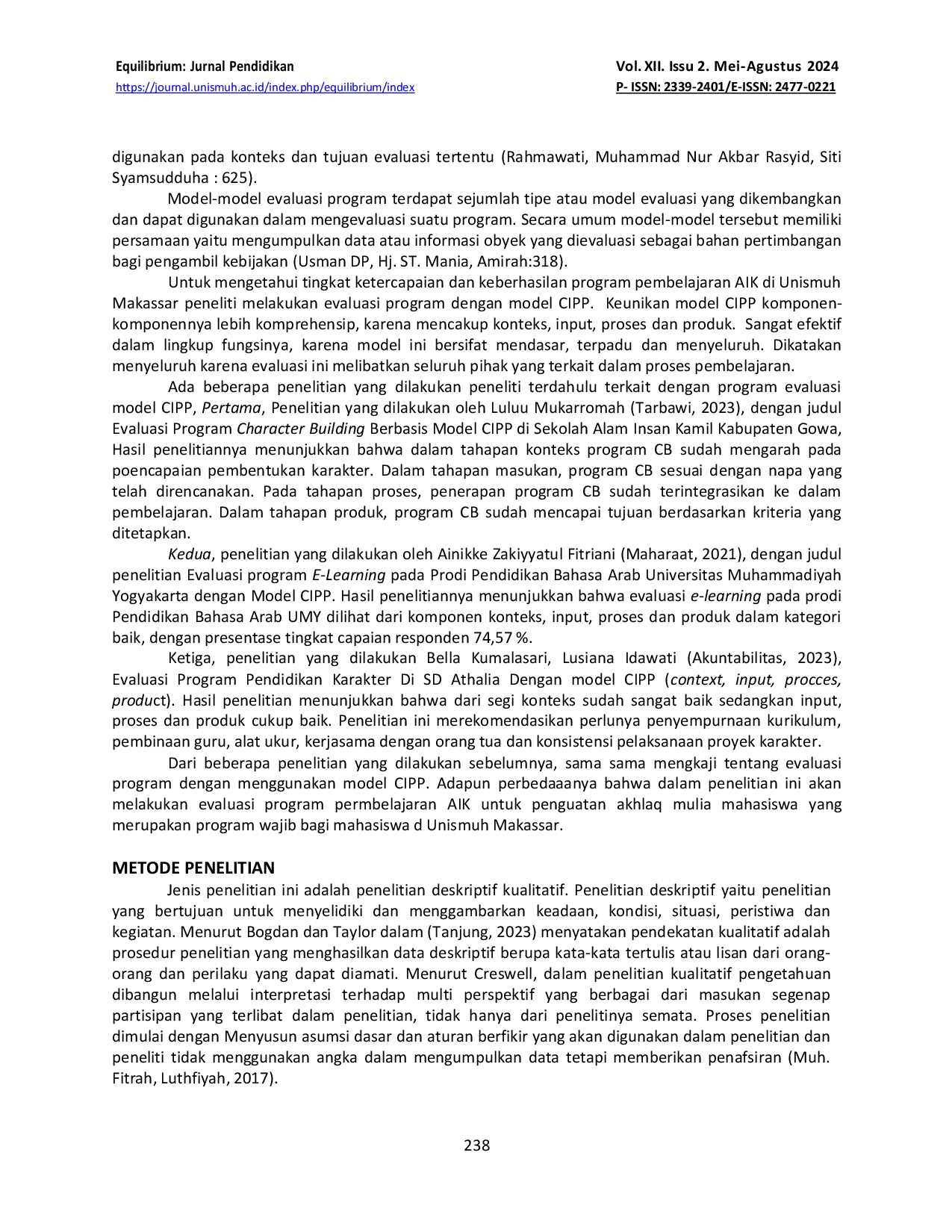 JURIS Evaluasi Program Pembelajaran Al Islam Kemuhammadiyahan Model CIPP di Prodi PAI Unismuh Makassar