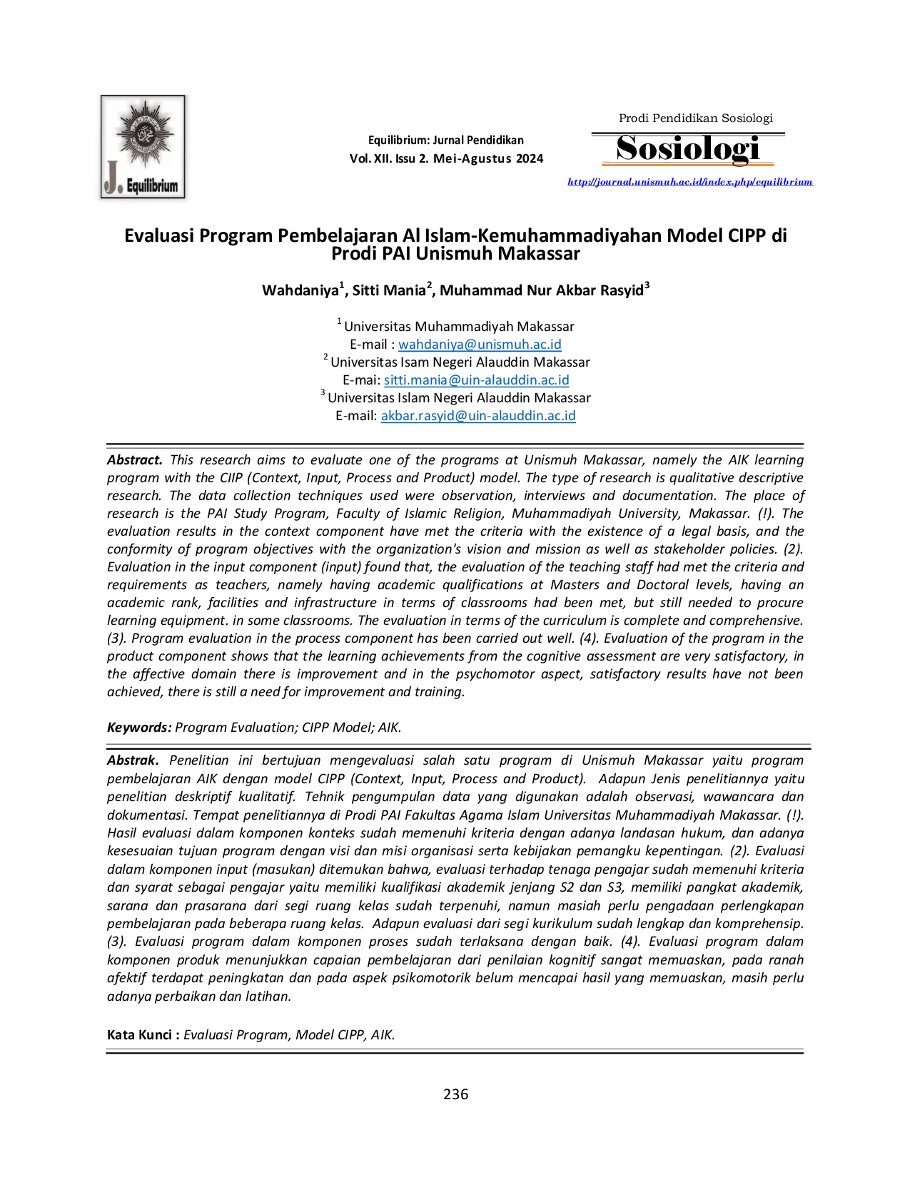 JURIS Evaluasi Program Pembelajaran Al Islam Kemuhammadiyahan Model CIPP di Prodi PAI Unismuh Makassar