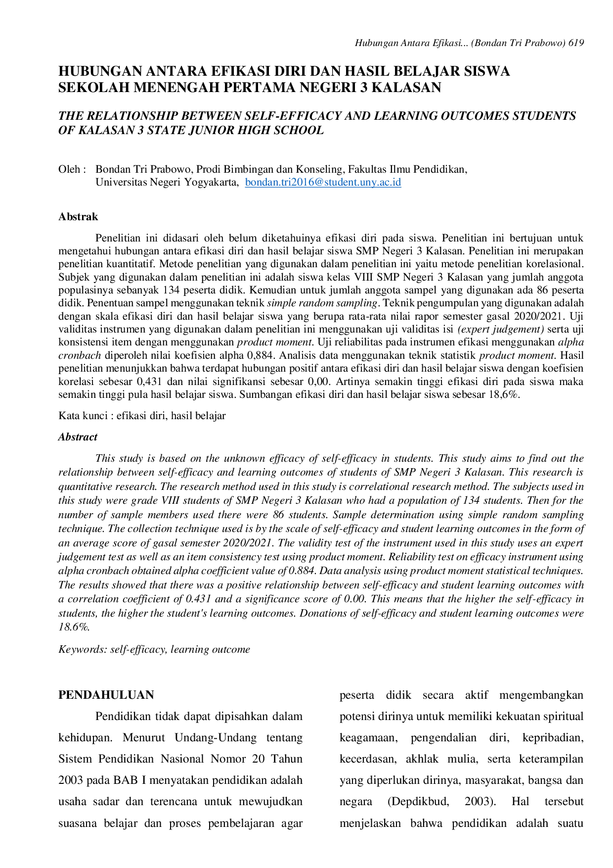 JURIS Hubungan Antara Efikasi Diri dan Hasil Belajar Siswa Sekolah Menengah Pertama Negeri 3 Kalasan