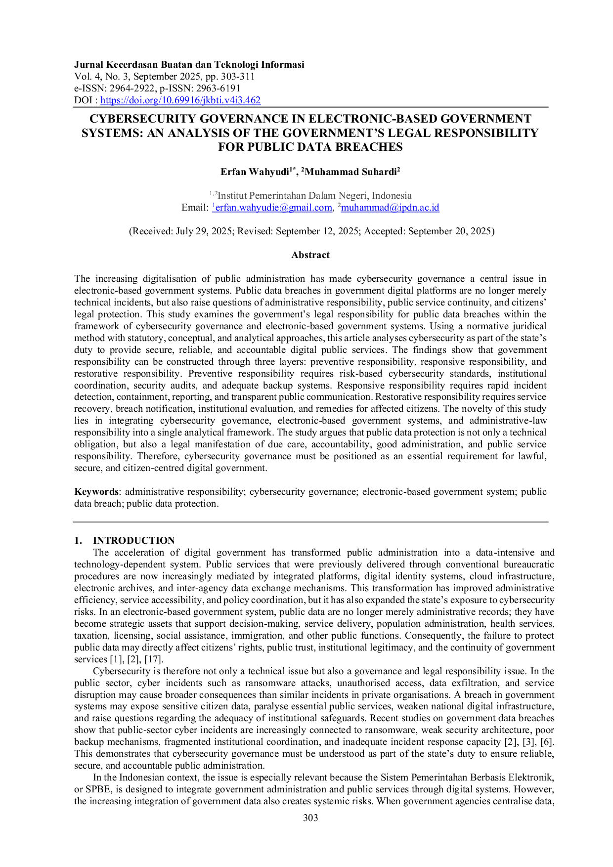 JURIS Cybersecurity Governance in Electronic Based Government Systems An Analysis of the Government s Legal Responsibility for Public Data Breaches