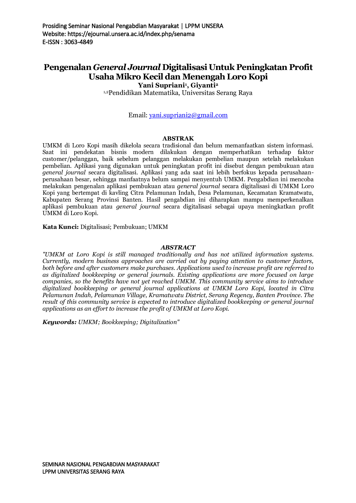 JURIS Pengenalan General Journal Digitalisasi Untuk Peningkatan Profit Usaha Mikro Kecil dan Menengah Loro Kopi