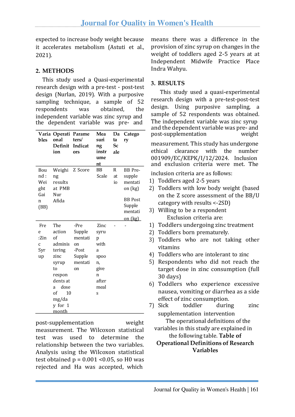 JURIS Effectiveness Of Zinc Supply On Weight In Toddlers Aged 2 5 Years At Tpmb Indra Wahyu
