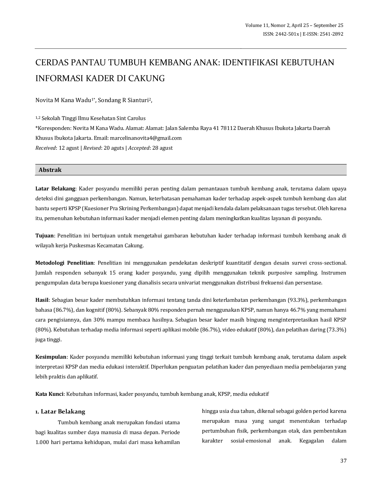 JURIS Cerdas Pantau Tumbuh Kembang Anak Identifikasi Kebutuhan Informasi Kader Di Cakung