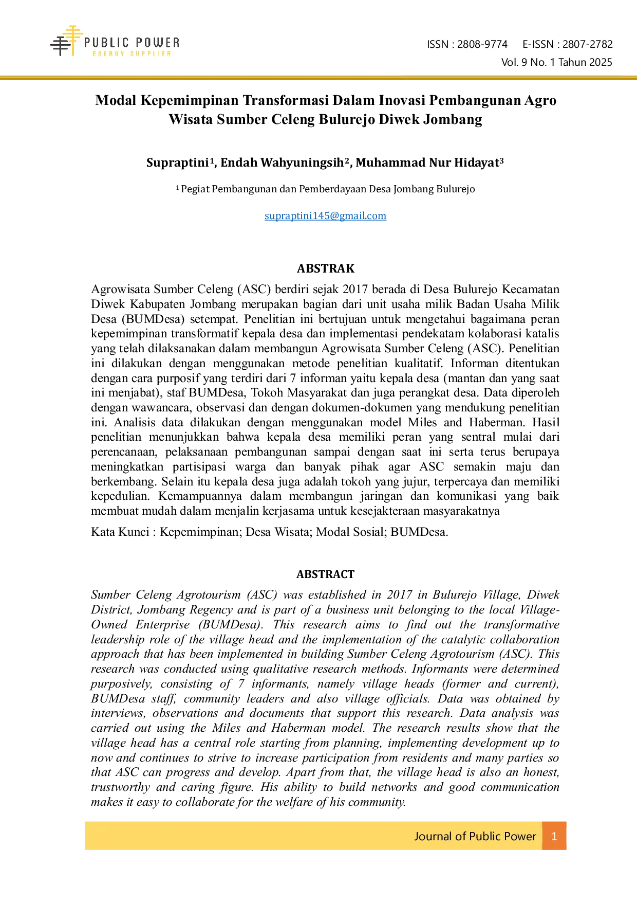 JURIS Modal Kepemimpinan Transformasi Dalam Inovasi Pembangunan Agro Wisata Sumber Celeng Bulurejo Diwek Jombang