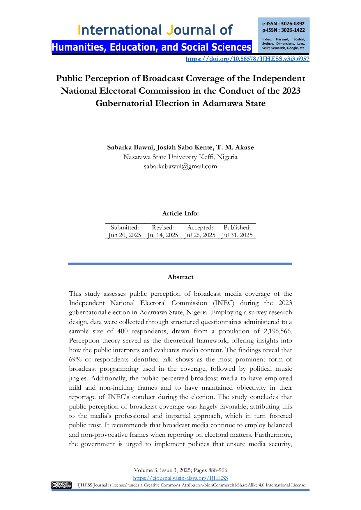 JURIS Public Perception of Broadcast Coverage of the Independent National Electoral Commission in the Conduct of the 2023 Gubernatorial Election in Adamawa State