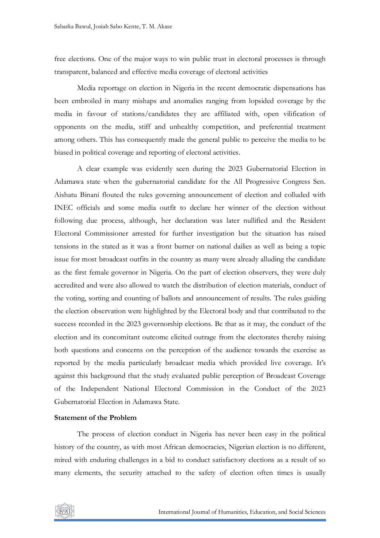 JURIS Public Perception of Broadcast Coverage of the Independent National Electoral Commission in the Conduct of the 2023 Gubernatorial Election in Adamawa State