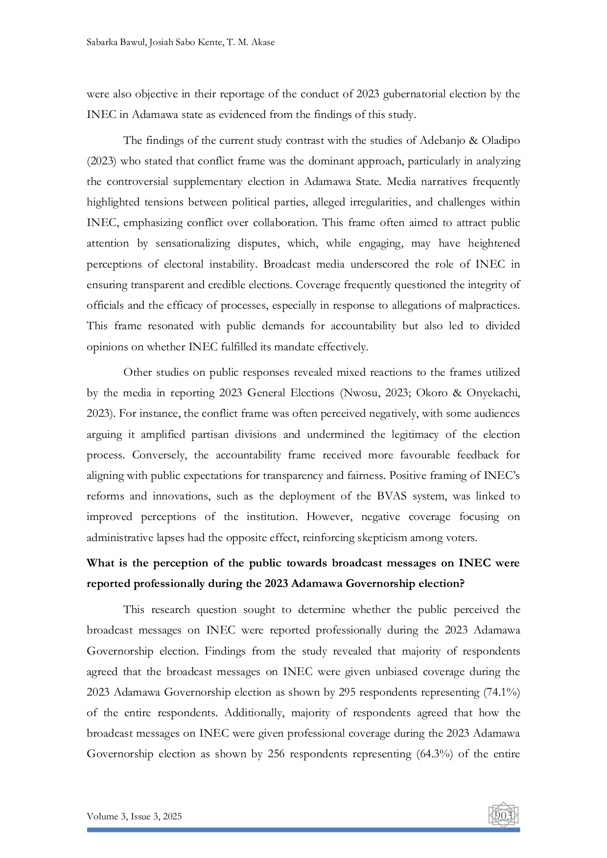 JURIS Public Perception of Broadcast Coverage of the Independent National Electoral Commission in the Conduct of the 2023 Gubernatorial Election in Adamawa State