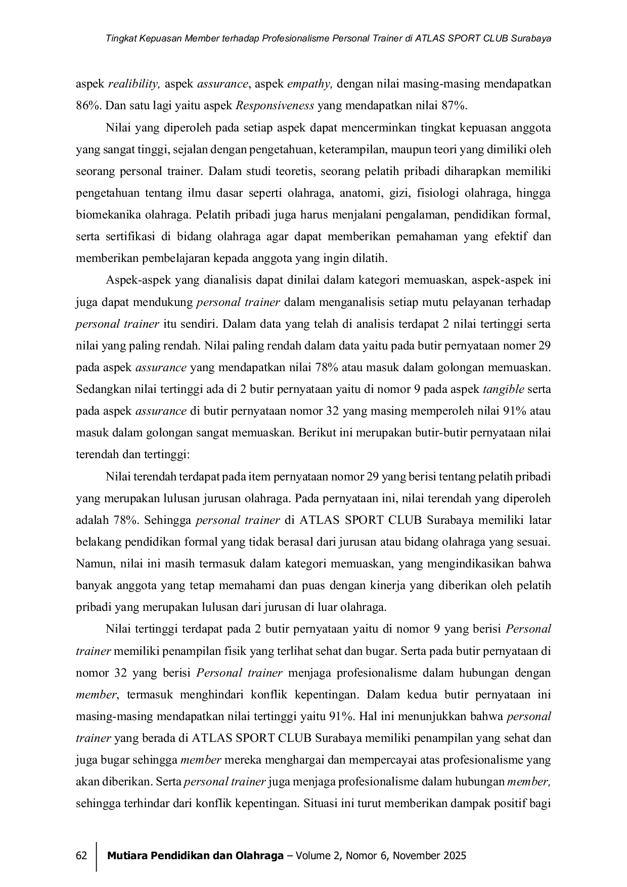 JURIS Tingkat Kepuasan Member Terhadap Profesionalisme Personal Trainer di Atlas Sport Club Surabaya