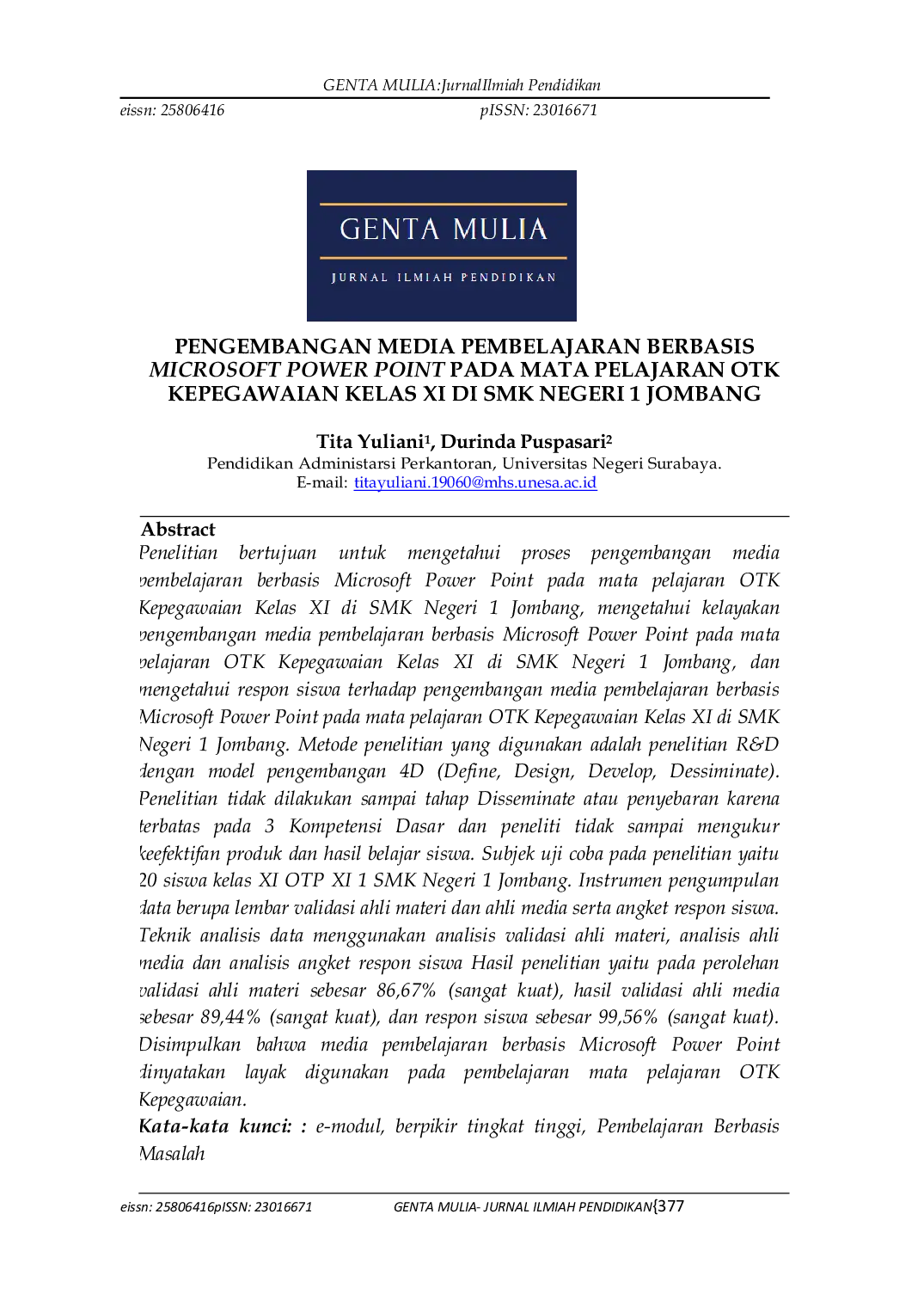 JURIS Pengembangan Media Pembelajaran Berbasis Microsoft Power Point Pada Mata Pelajaran OtK Kepegawaian Kelas Xi Di Smk Negeri 1 Jombang