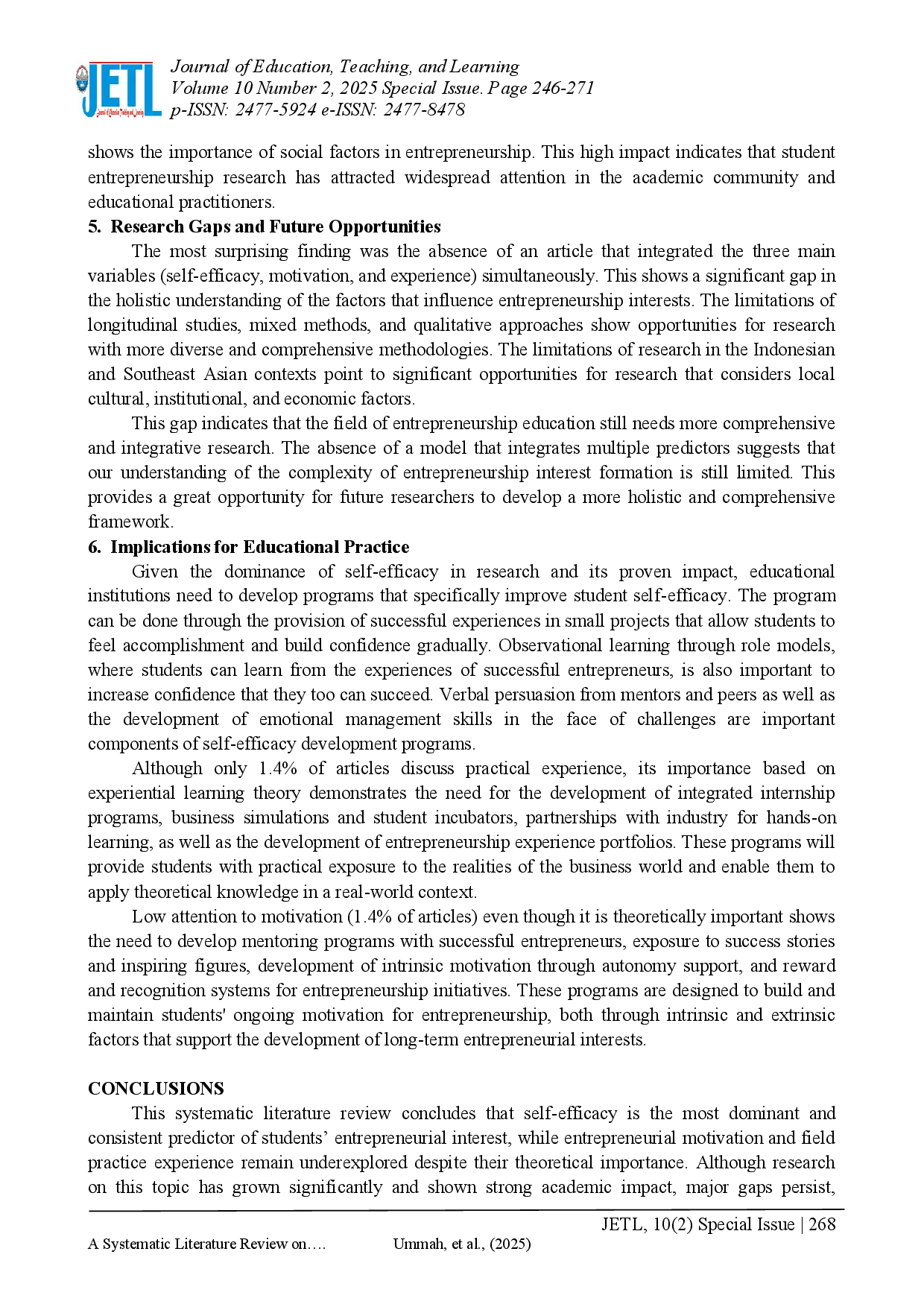 juris A Systematic Literature Review on Self Efficacy Entrepreneurial Motivation and Field Experience as Predictors of Entrepreneurial Interest Among Students