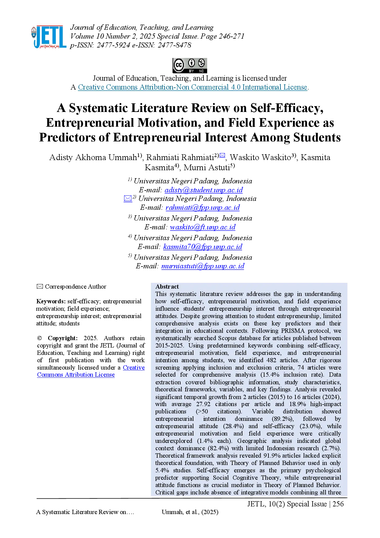 juris A Systematic Literature Review on Self Efficacy Entrepreneurial Motivation and Field Experience as Predictors of Entrepreneurial Interest Among Students