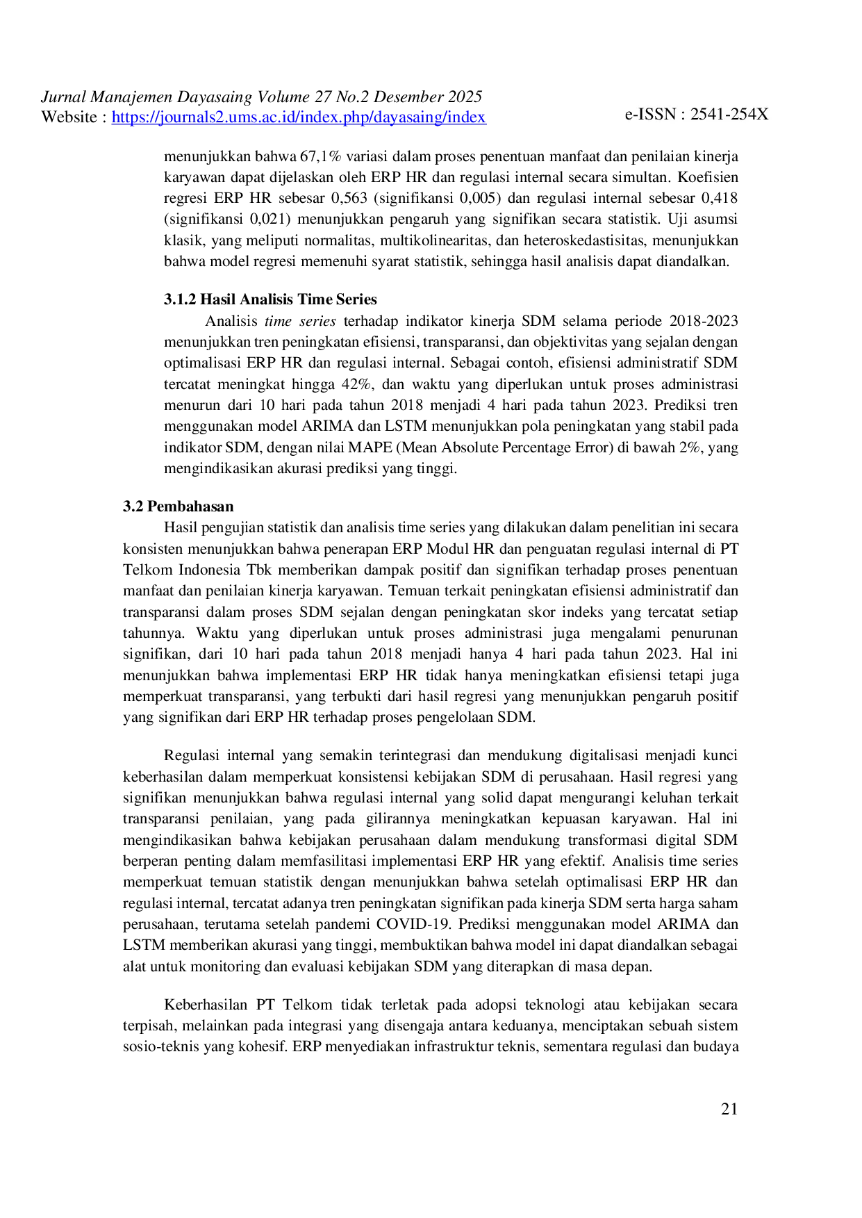 JURIS Pengaruh ERP Modul Human Resources Terhadap Penentuan Manfaat dan Kinerja Karyawan PT Telkom Indonesia