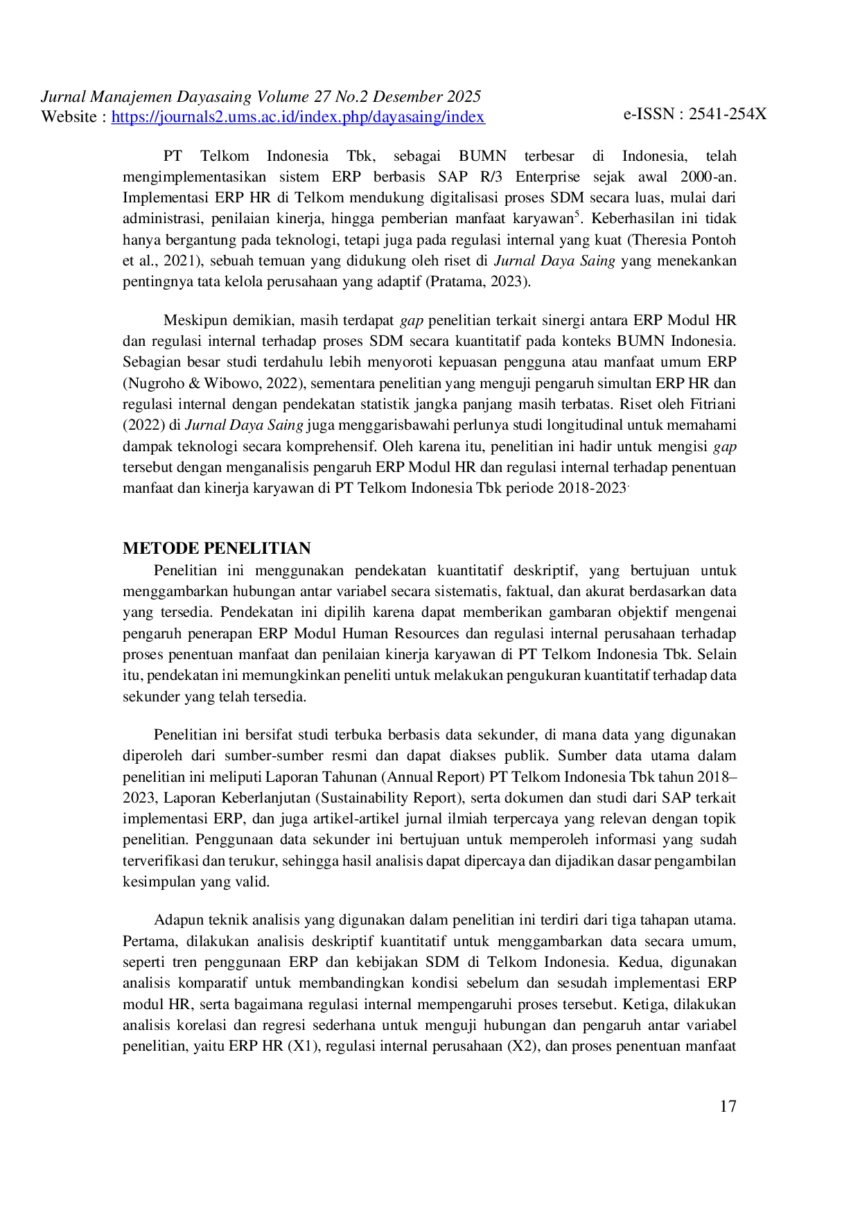 JURIS Pengaruh ERP Modul Human Resources Terhadap Penentuan Manfaat dan Kinerja Karyawan PT Telkom Indonesia