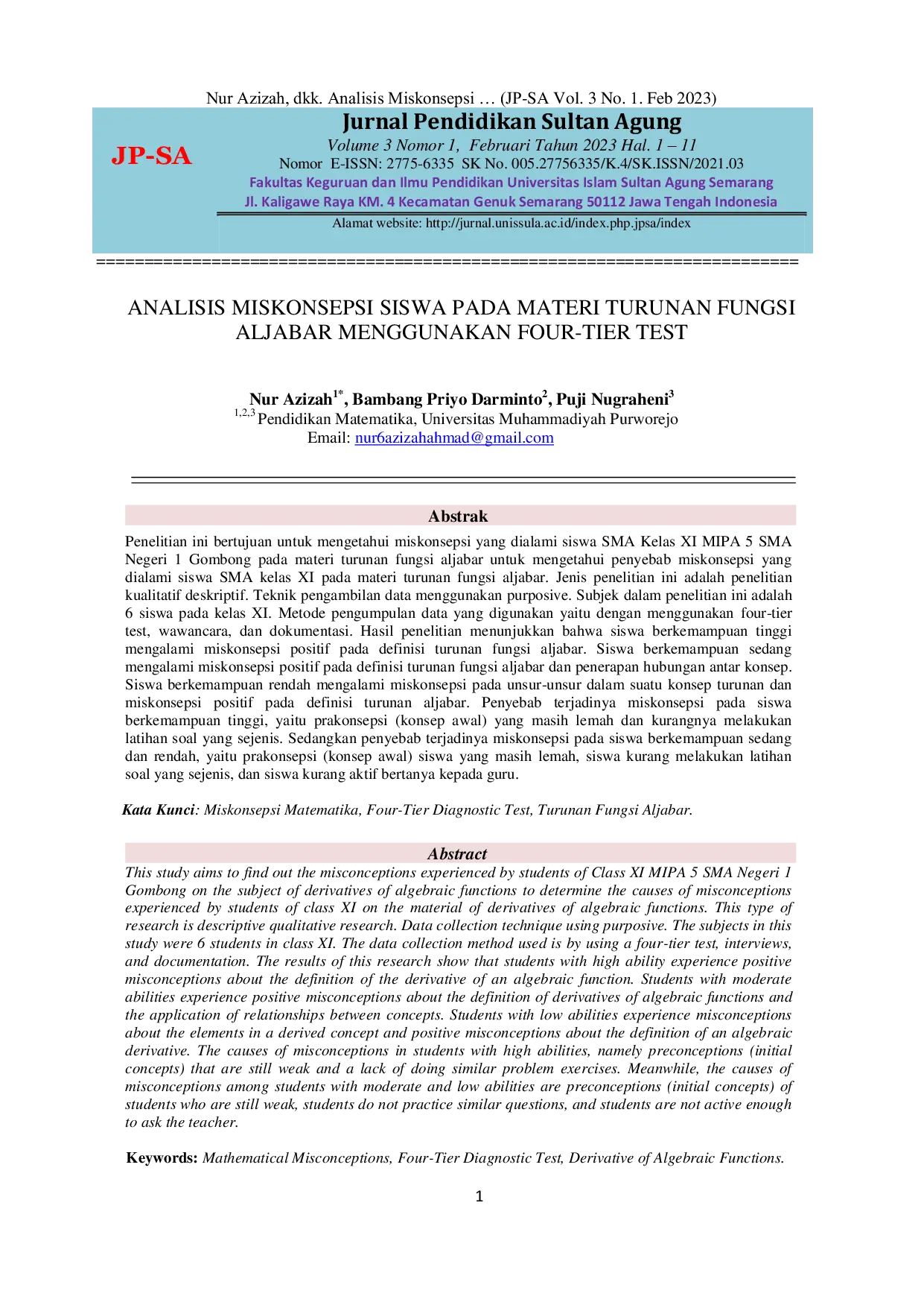 JURIS Analisis Miskonsepsi Siswa pada Materi Turunan Fungsi Aljabar Menggunakan Four Tier Test