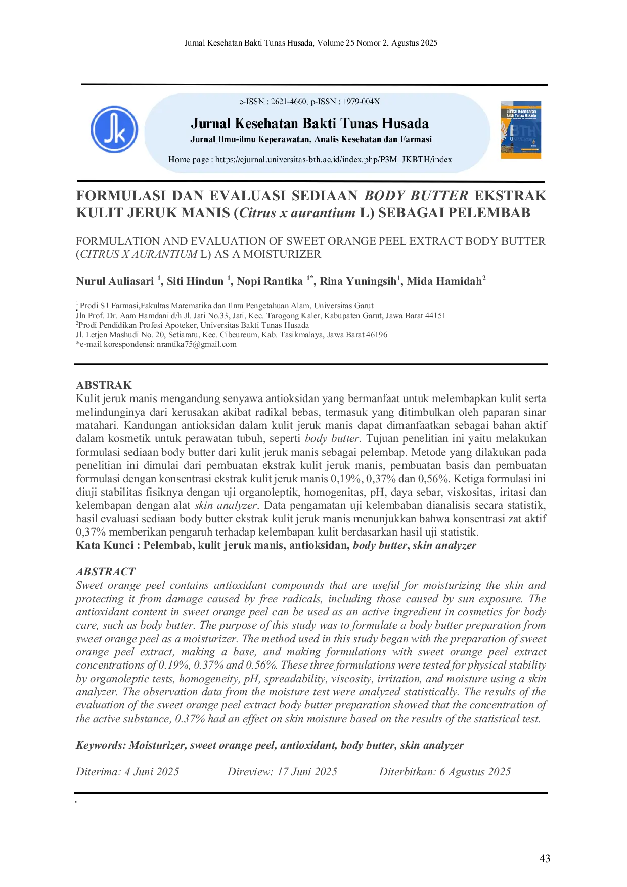 JURIS FORMULASI DAN EVALUASI SEDIAAN BODY BUTTER EKSTRAK KULIT JERUK MANIS Citrus x aurantium L SEBAGAI PELEMBAB