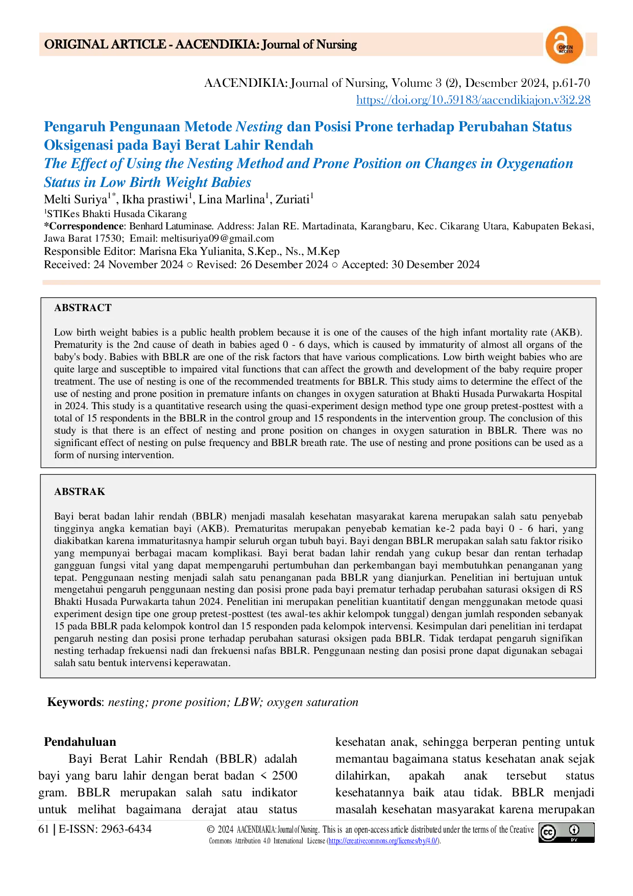 JURIS The Effect of Using the Nesting Method and Prone Position on Changes in Oxygenation Status in Low Birth Weight Babies