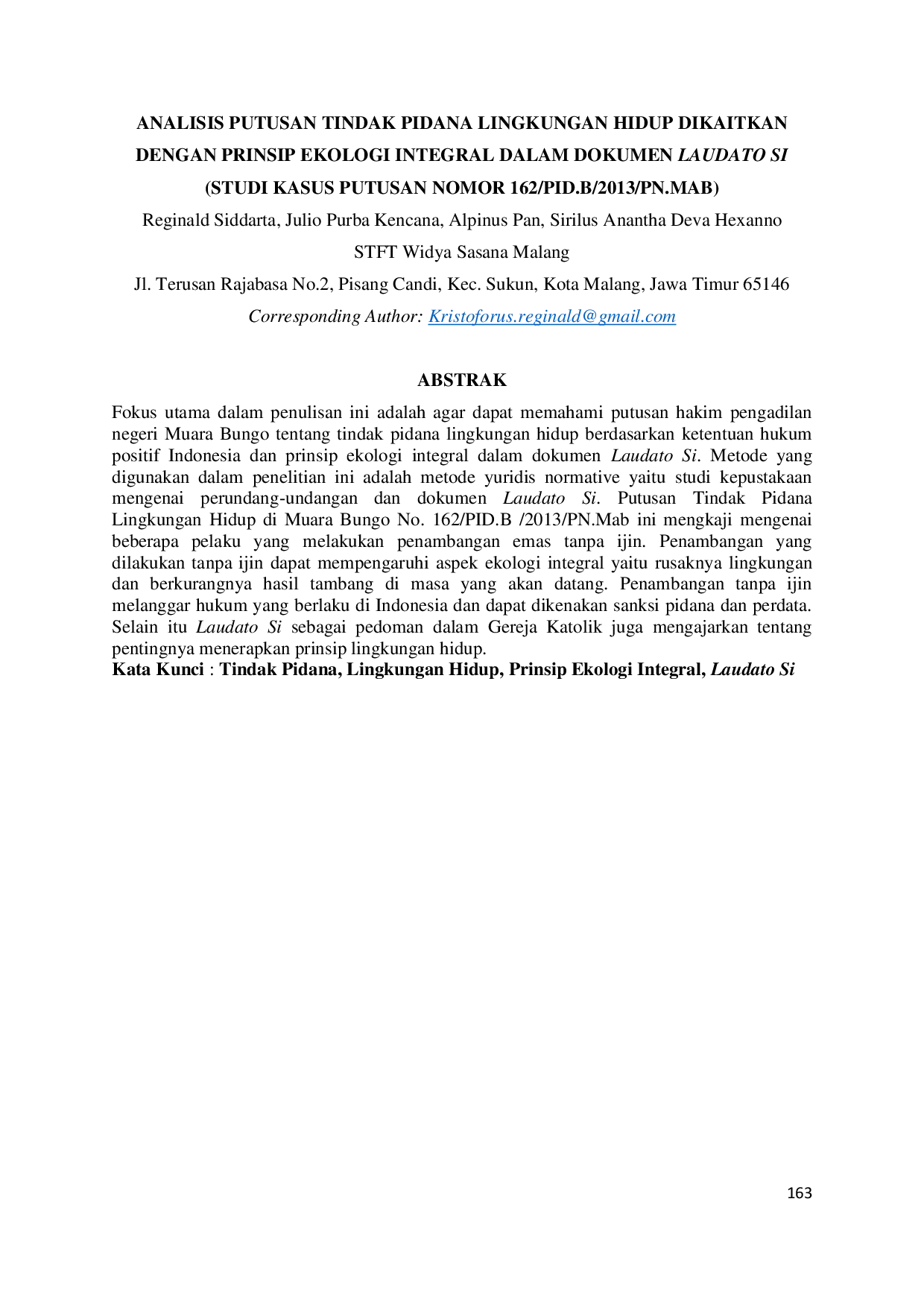 juris Analisis Putusan Tindak Pidana Lingkungan Hidup Dikaitkan Dengan Prinsip Ekologi Integral Dalam Dokumen Laudato Si Studi Kasus Putusan Nomor 162 Pid B 2013 Pn Mab