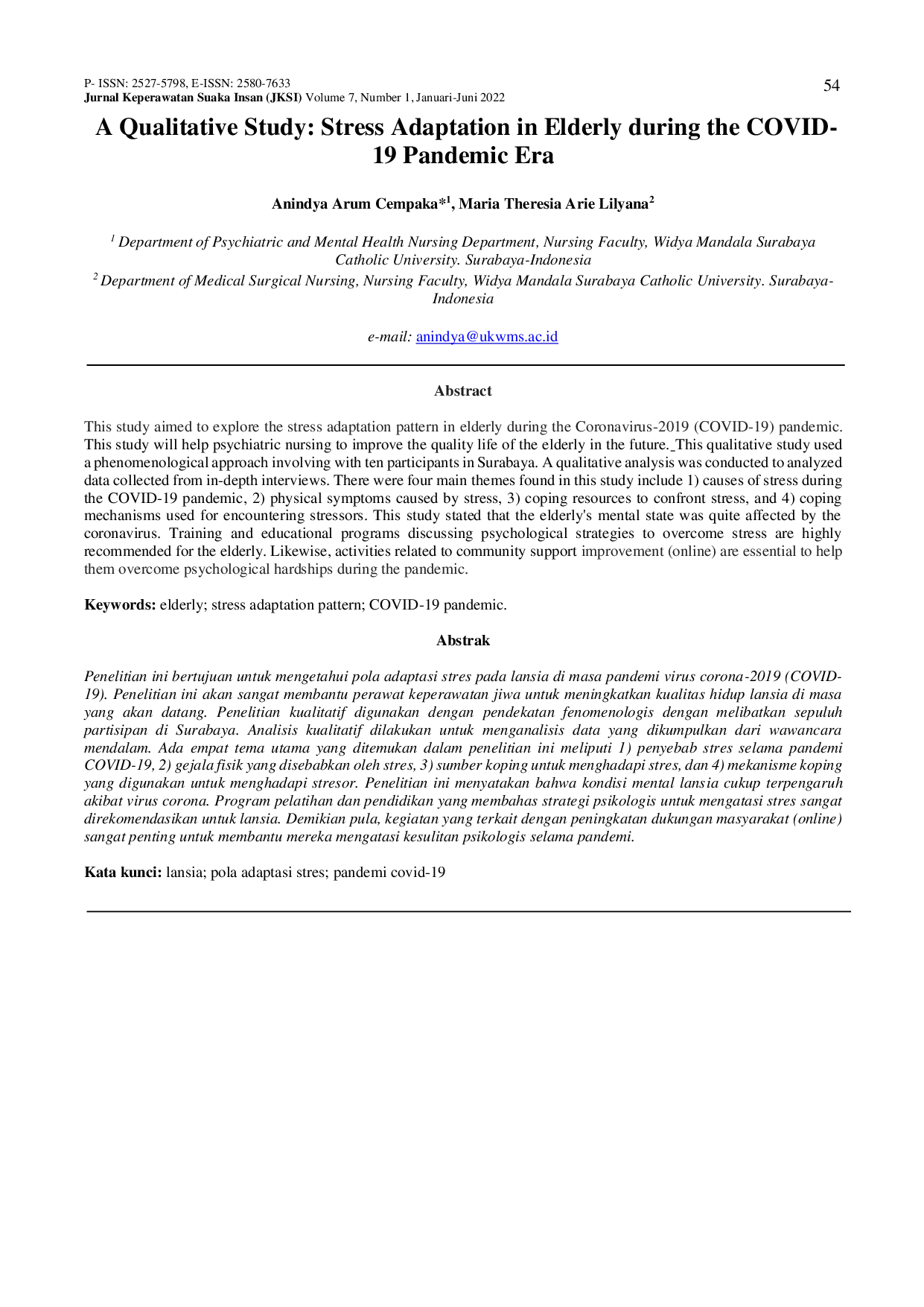 JURIS A Qualitative Study Stress Adaptation in Elderly during the COVID19 Pandemic Era