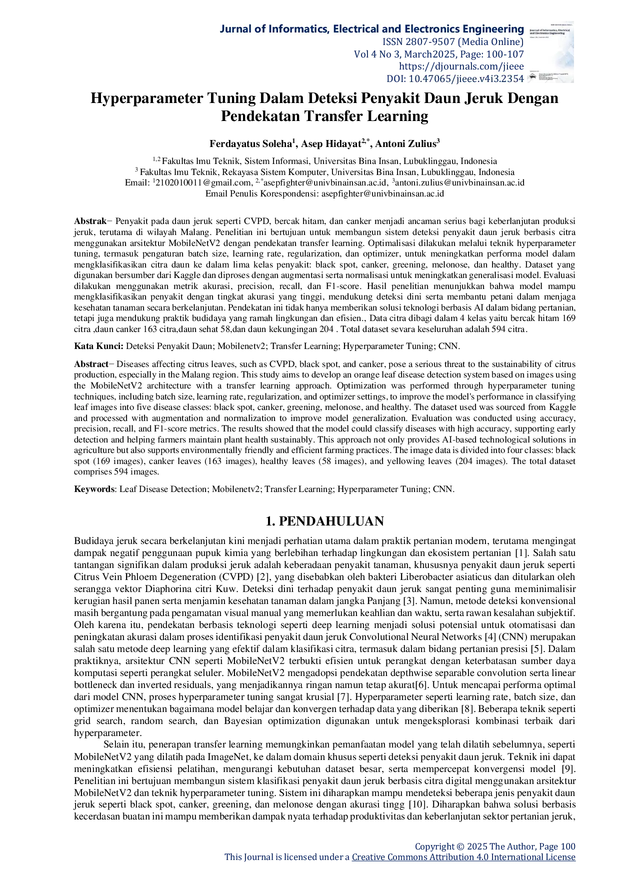 JURIS Hyperparameter Tuning Dalam Deteksi Penyakit Daun Jeruk Dengan Pendekatan Transfer Learning