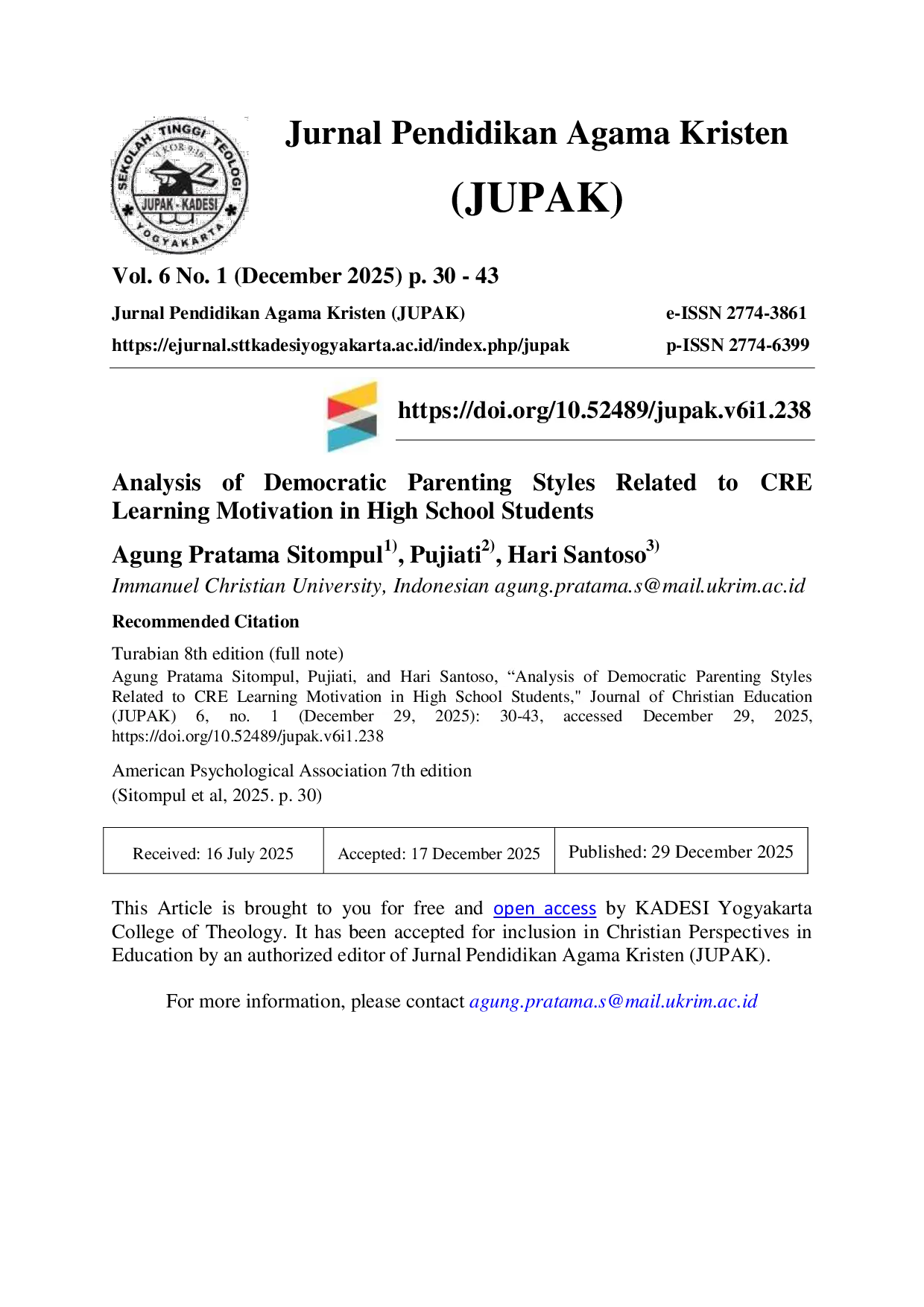 JURIS Analysis Of Democratic Parenting Styles Related To Cre Learning Motivation In High School Students