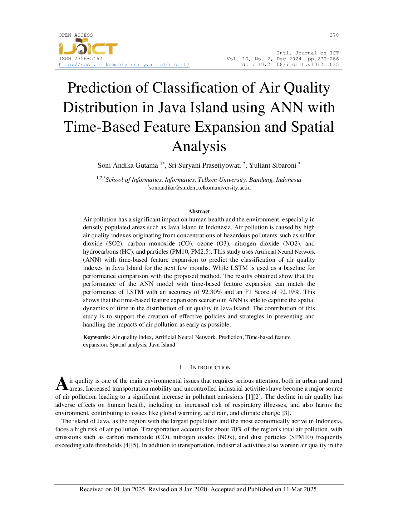 JURIS Prediction of Classification of Air Quality Distribution in Java Island using ANN with Time Based Feature Expansion and Spatial Analysis